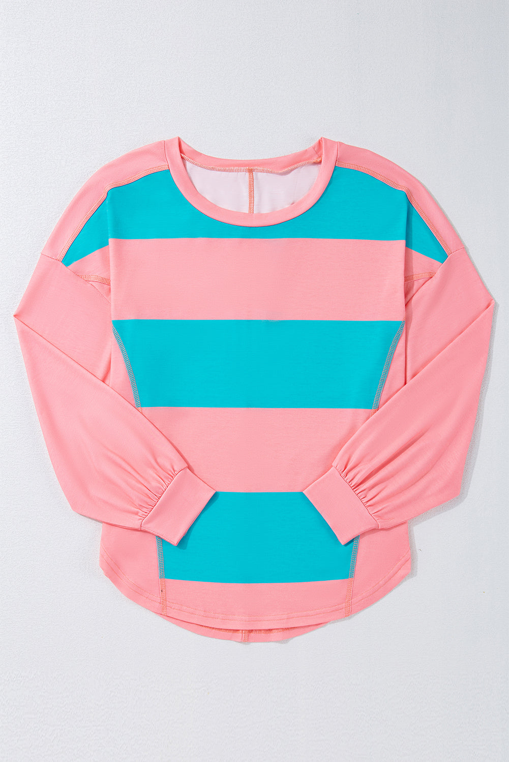 Blue Zone Planet | Light Blue Colorblock Striped Drop Shoulder Loose Top-Tops/Long Sleeve Tops-[Adult]-[Female]-2022 Online Blue Zone Planet