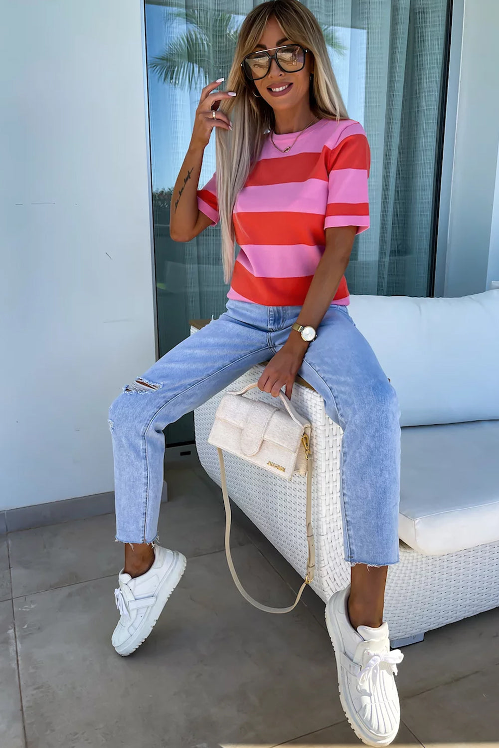 Bright Pink Colorblock Striped Knitted T shirt-Sweaters & Cardigans/Short Sleeve Sweaters-[Adult]-[Female]-2022 Online Blue Zone Planet