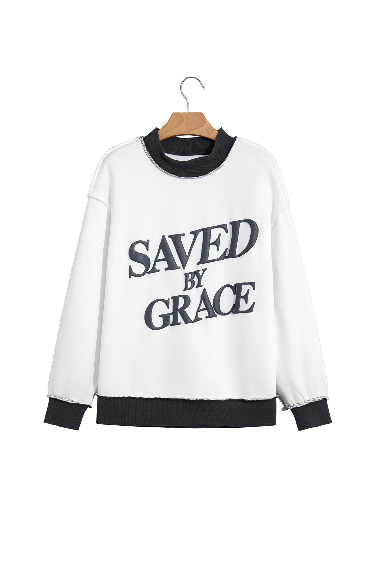 Beige Saved By Grace Print Color Block Mock Neck Oversized Sweatshirt-Tops/Sweatshirts & Hoodies-[Adult]-[Female]-2022 Online Blue Zone Planet