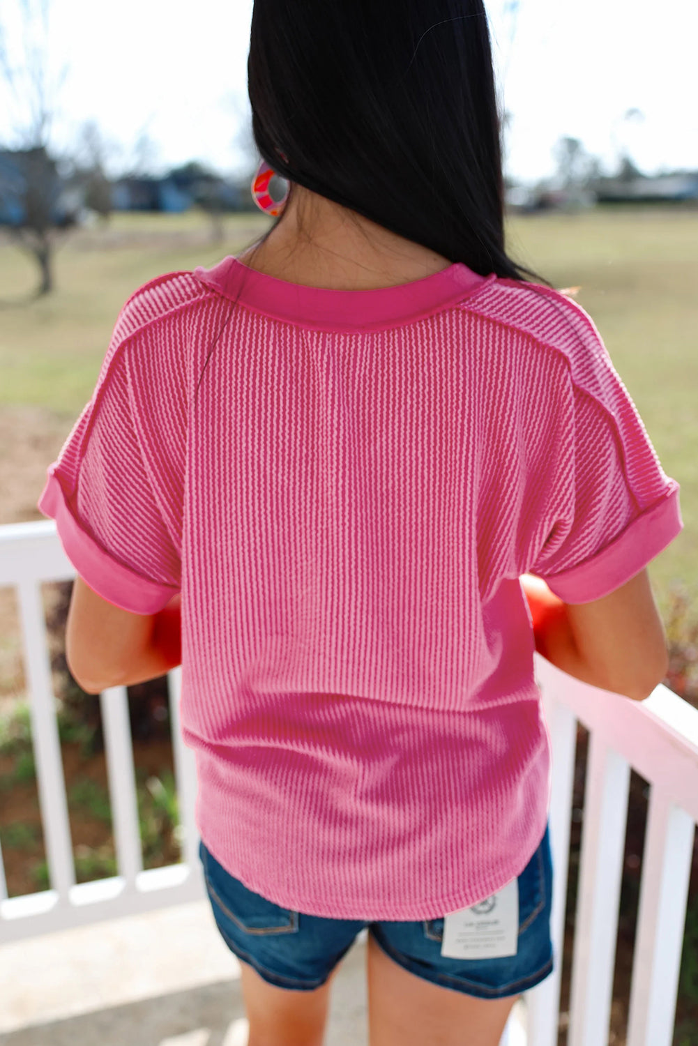Rose Red Twisted Ribbed Knit V Neck Casual Tee-Tops/Tops & Tees-[Adult]-[Female]-2022 Online Blue Zone Planet