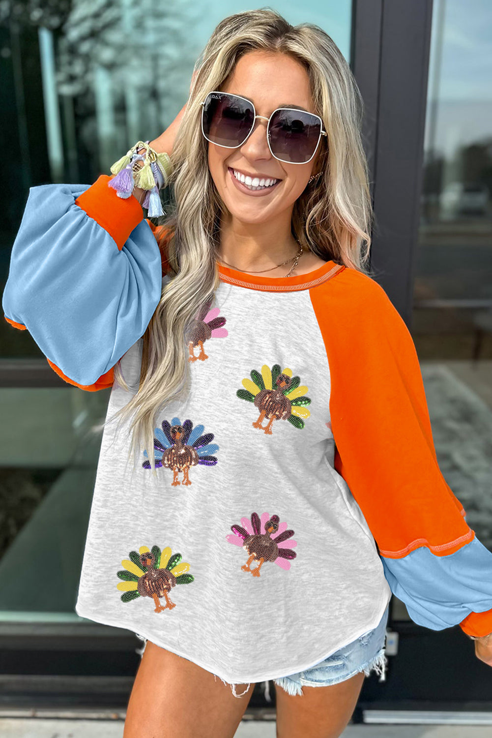 Light Grey Thanksgiving Turkey Sequin Graphic Color Block Long Raglan Sleeve Top-Graphic/Graphic Long Sleeve Tees-[Adult]-[Female]-2022 Online Blue Zone Planet