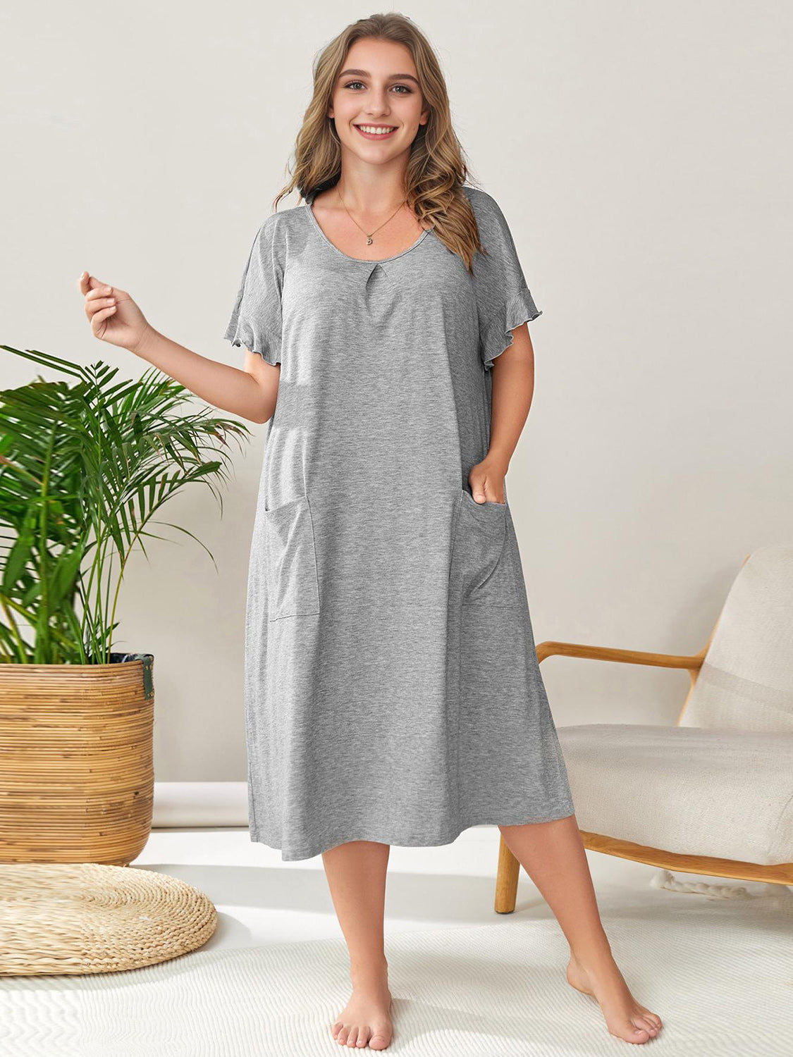 Plus Size Round Neck Short Sleeve Lounge Dress-TOPS / DRESSES-[Adult]-[Female]-2022 Online Blue Zone Planet