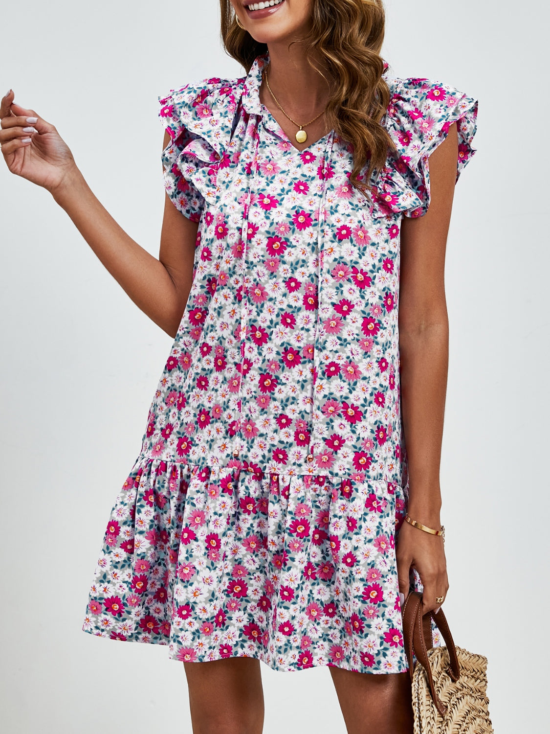 Tied Floral Cap Sleeve Mini Dress-TOPS / DRESSES-[Adult]-[Female]-2022 Online Blue Zone Planet