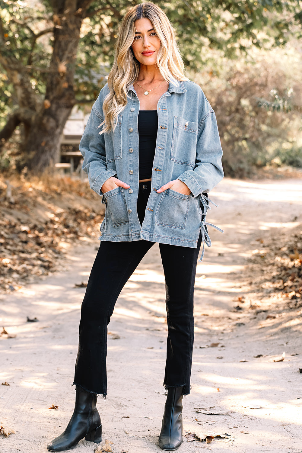 Beau Blue Multi Patched Pockets Side Tie up Boyfriend Style Denim Jacket-Outerwear/Denim jackets-[Adult]-[Female]-2022 Online Blue Zone Planet