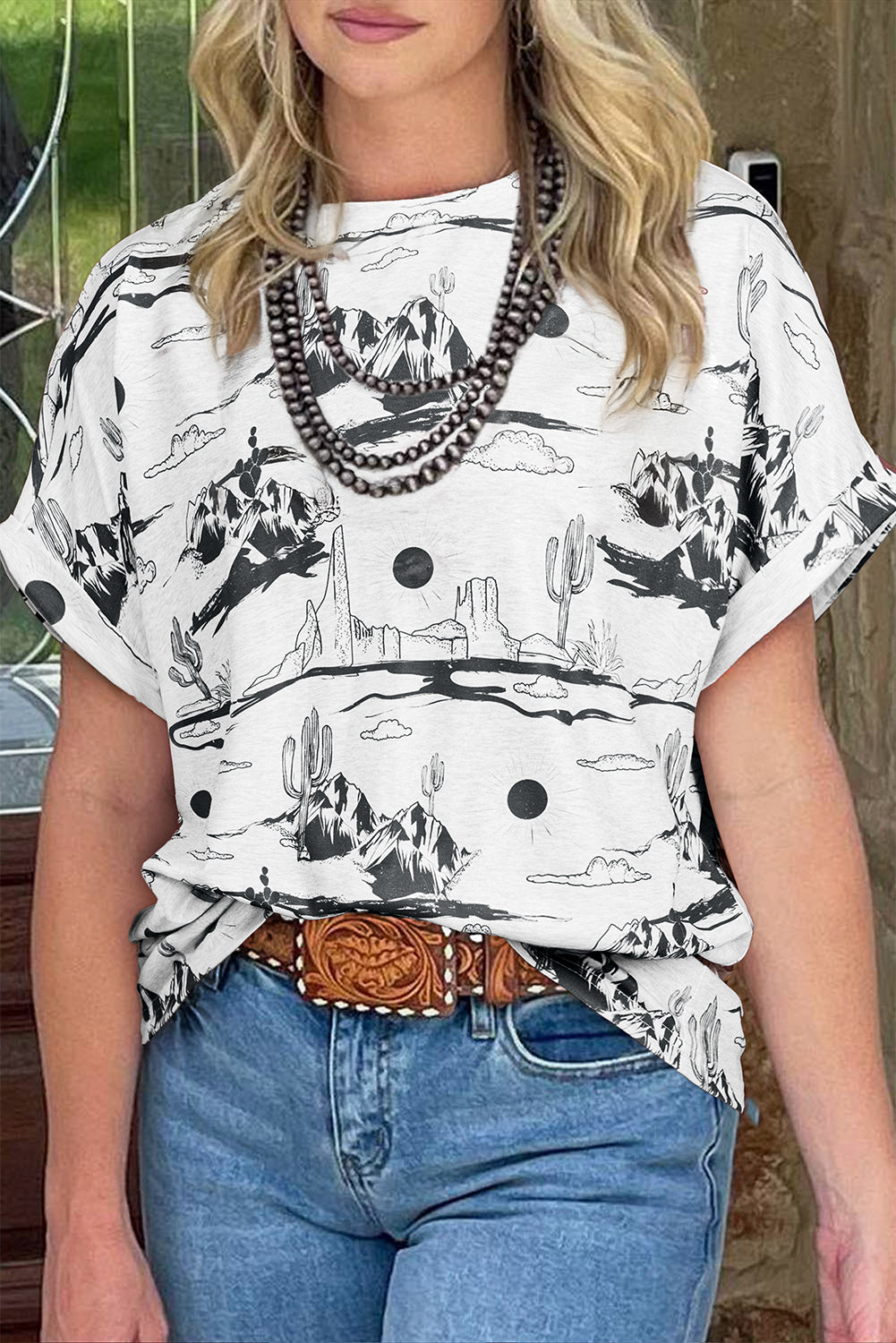 White Desert Sand Print Short Sleeve Knit Top-Tops/Tops & Tees-[Adult]-[Female]-White-S-2022 Online Blue Zone Planet