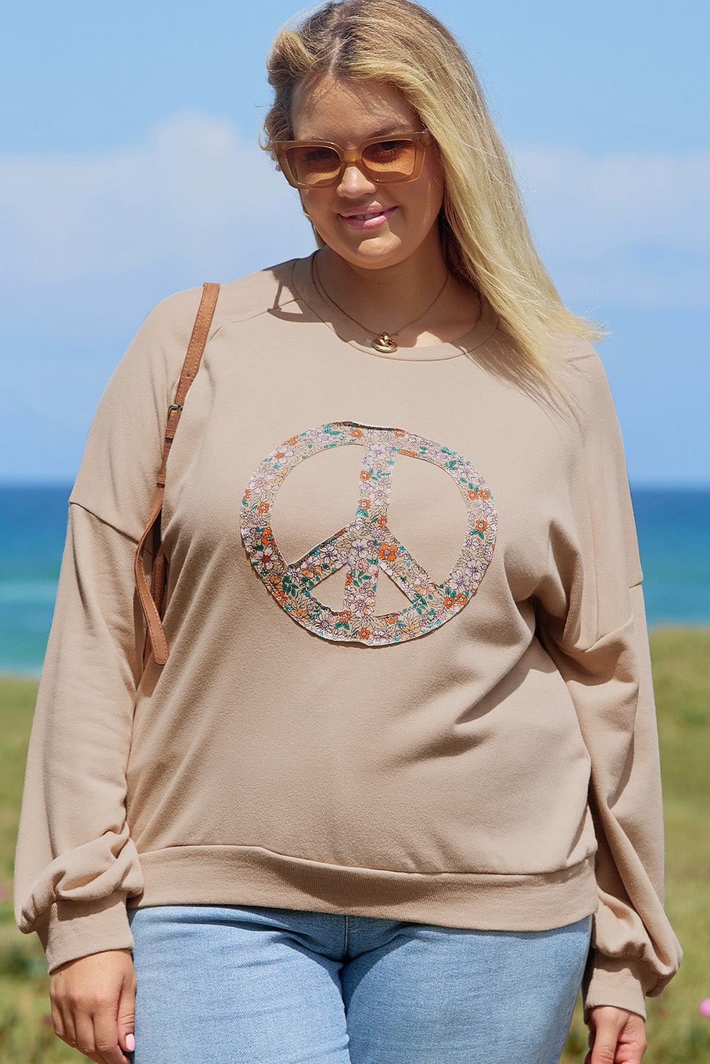 Blue Zone Planet | Pale Khaki Floral Peace Sign Graphic Washed Terry Plus Size Sweatshirt-TOPS / DRESSES-[Adult]-[Female]-2022 Online Blue Zone Planet