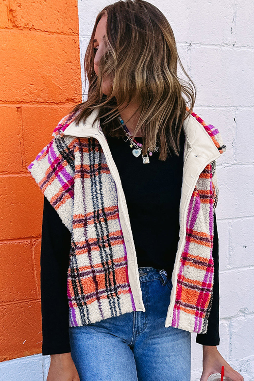 Rose Sherpa Plaid Jacket Vest-Outerwear/Vests-[Adult]-[Female]-2022 Online Blue Zone Planet