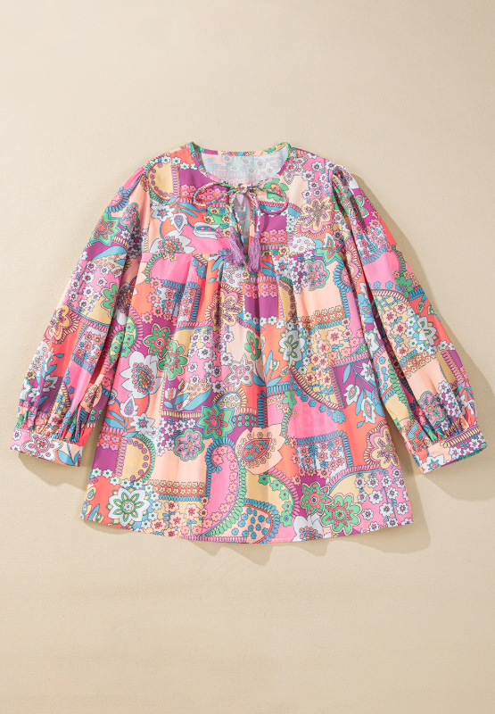 Printed Tie Neck Three-Quarter Sleeve Blouse-TOPS / DRESSES-[Adult]-[Female]-2022 Online Blue Zone Planet