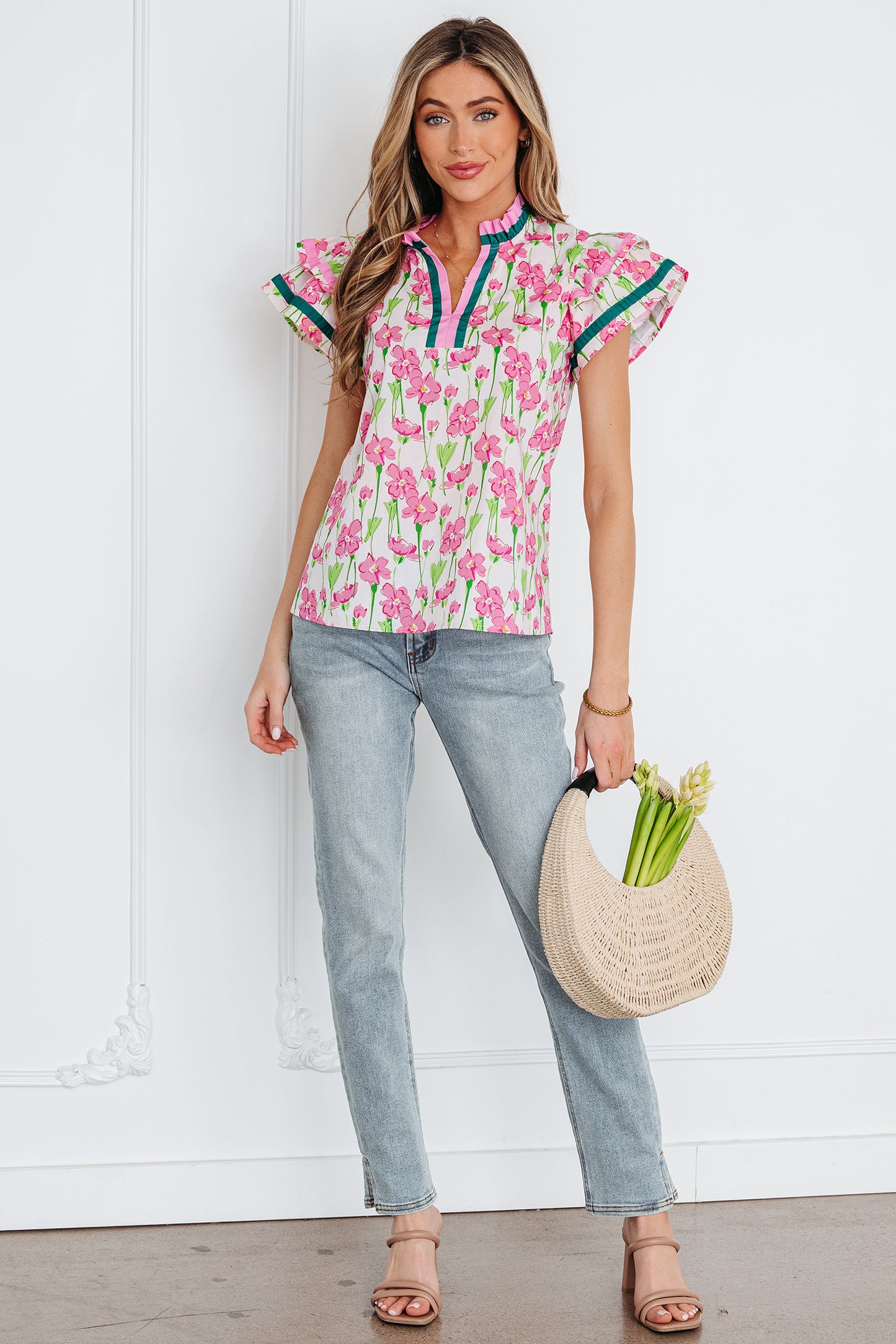 Pink Floral Print Contrast Trim V Neck Double Ruffled Short Sleeve Blouse-Tops/Blouses & Shirts-[Adult]-[Female]-2022 Online Blue Zone Planet
