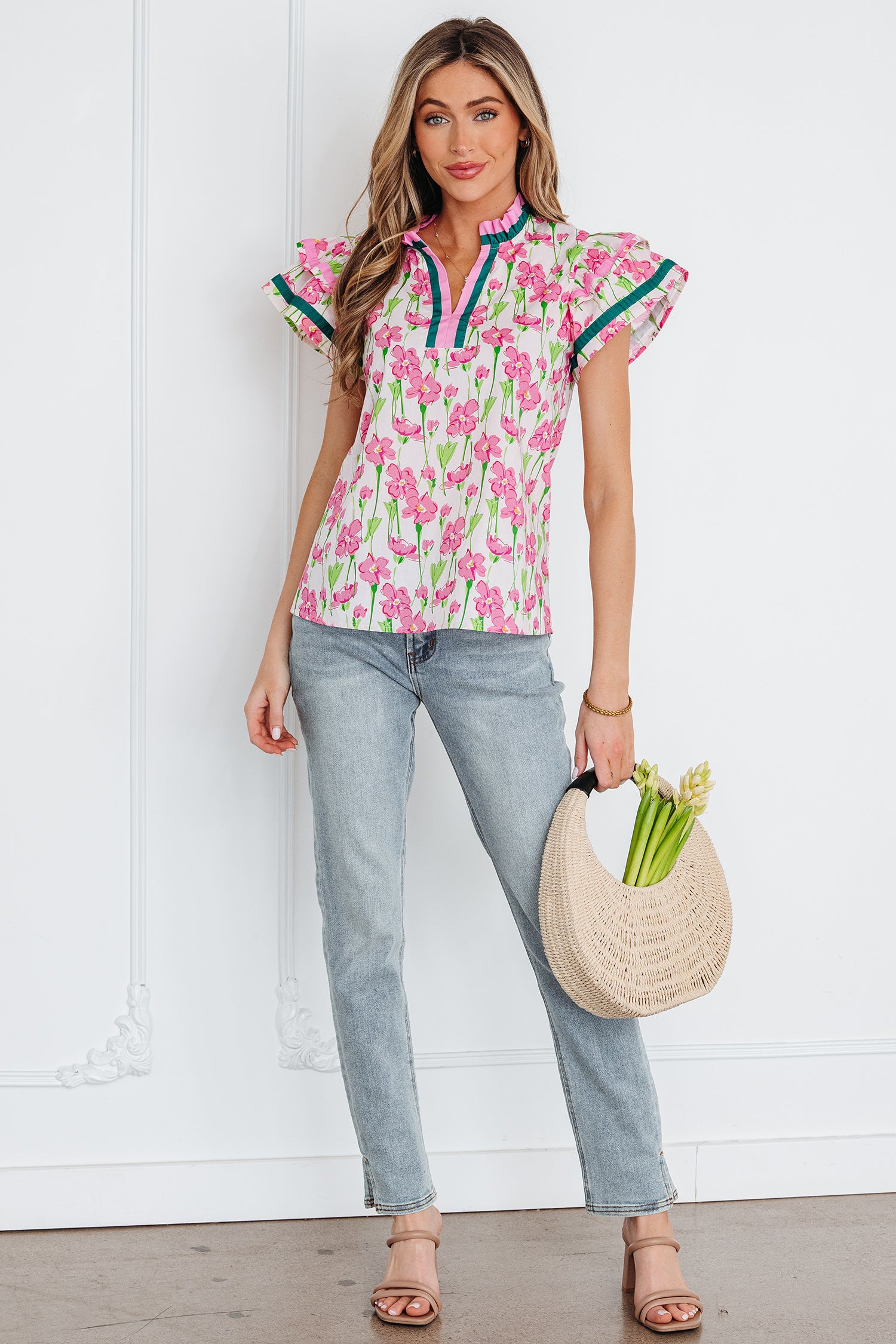 Pink Floral Print Contrast Trim V Neck Double Ruffled Short Sleeve Blouse-Tops/Blouses & Shirts-[Adult]-[Female]-2022 Online Blue Zone Planet