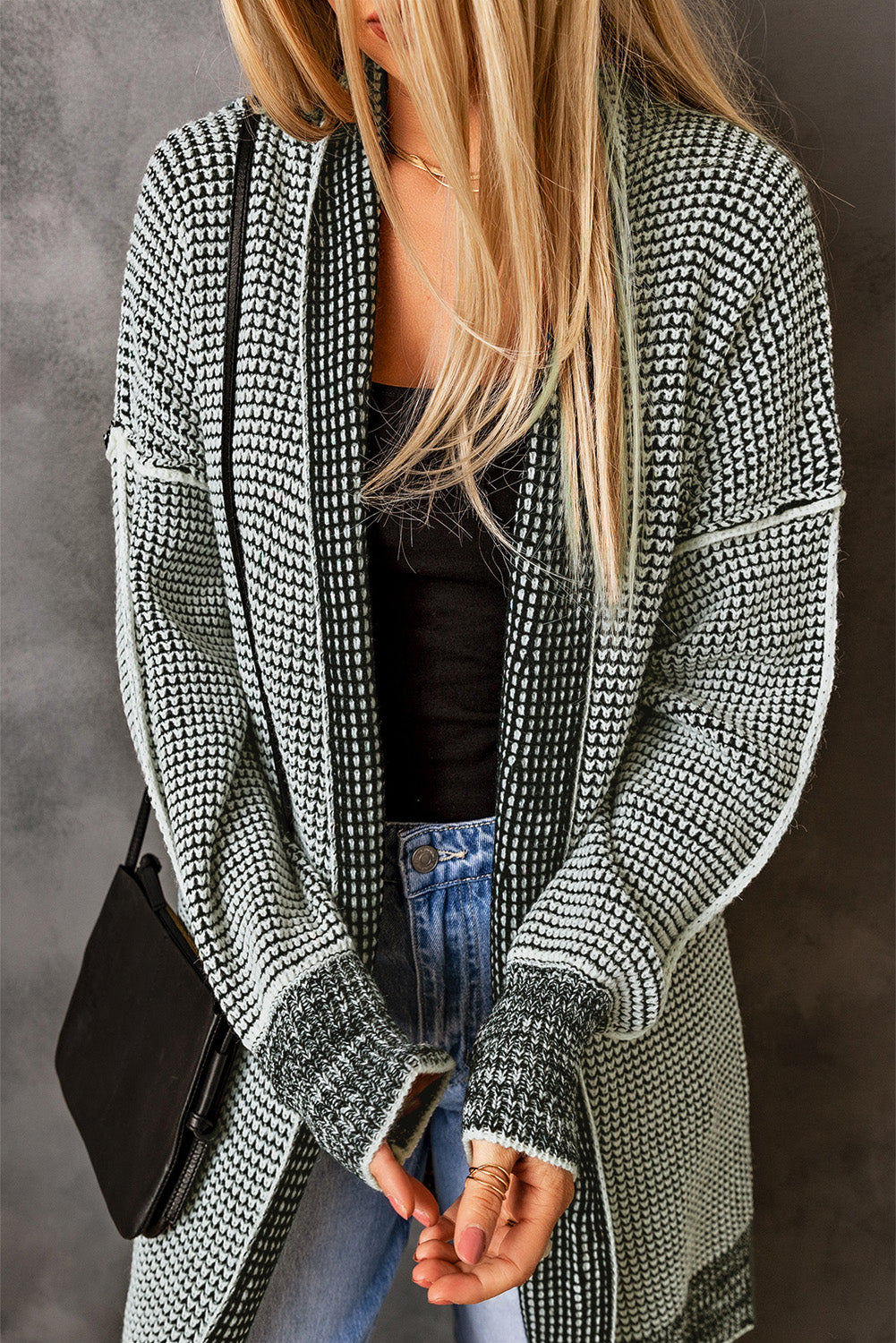 Gray Plaid Knitted Long Open Front Cardigan-Sweaters & Cardigans/Cardigans-[Adult]-[Female]-2022 Online Blue Zone Planet