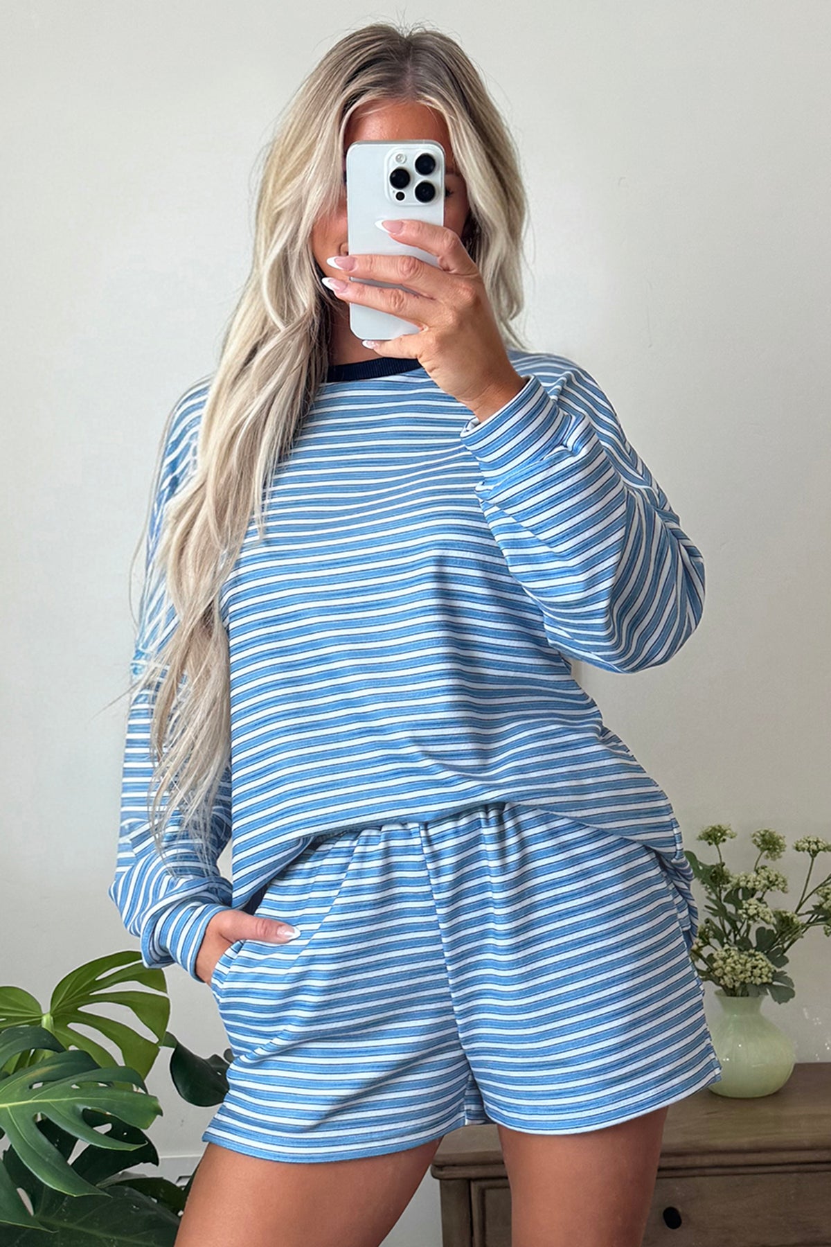 Sky Blue Stripe Long Sleeve Oversized Top Pocketed Casual Shorts Two Piece Set-Two Piece Sets/Short Sets-[Adult]-[Female]-2022 Online Blue Zone Planet