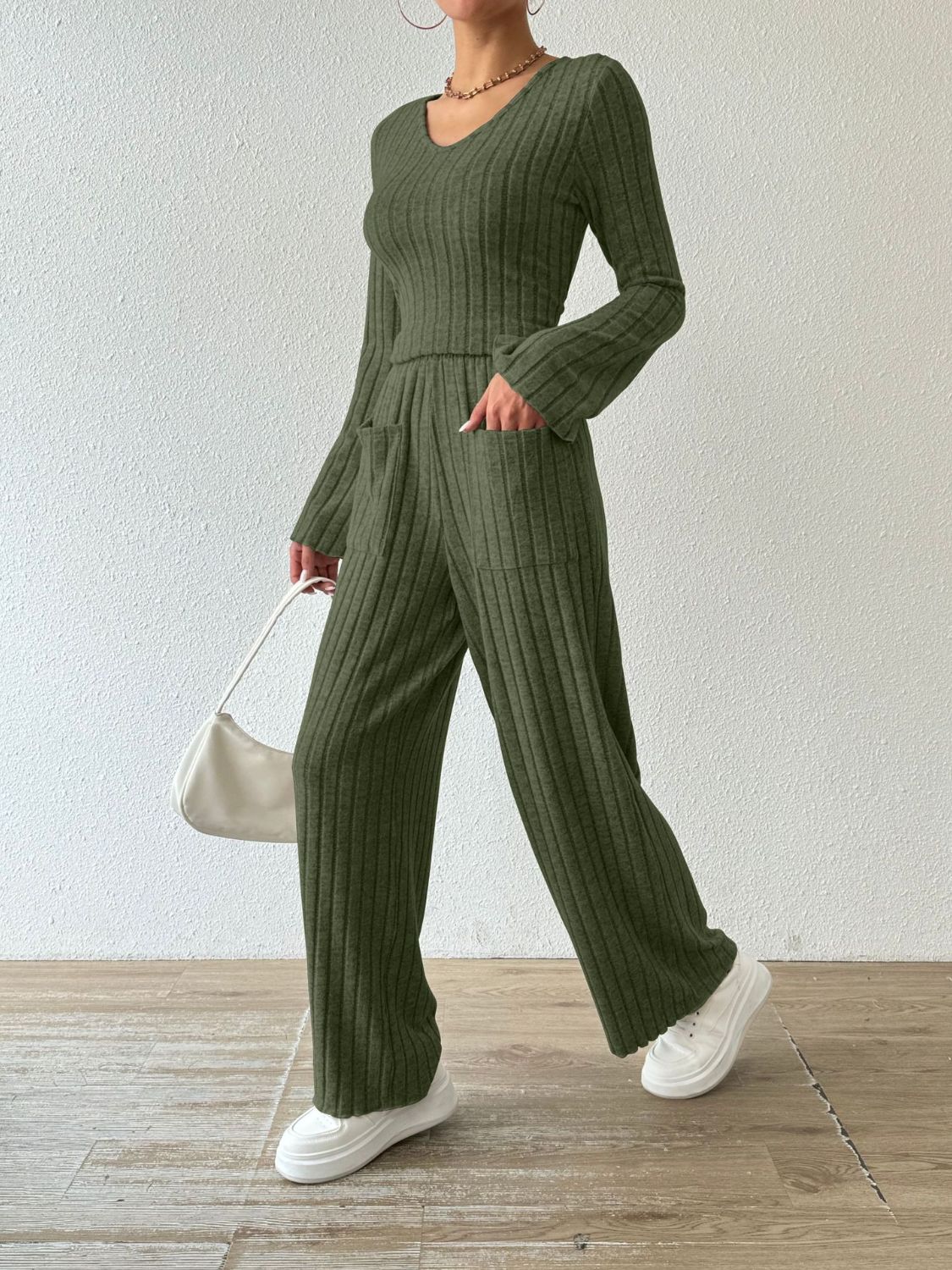 Ribbed V-Neck Long Sleeve Top and Pocketed Pants Set-TOPS / DRESSES-[Adult]-[Female]-Moss-S-2022 Online Blue Zone Planet