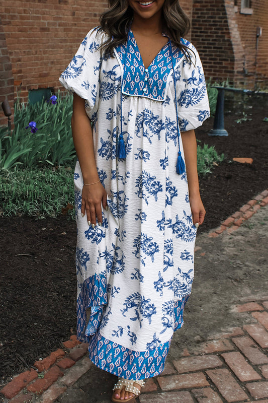 Sky Blue Boho Abstract Print Contrast Trim V Neck Tassel Tie Dress-Dresses/Floral Dresses-[Adult]-[Female]-Sky Blue-S-2022 Online Blue Zone Planet