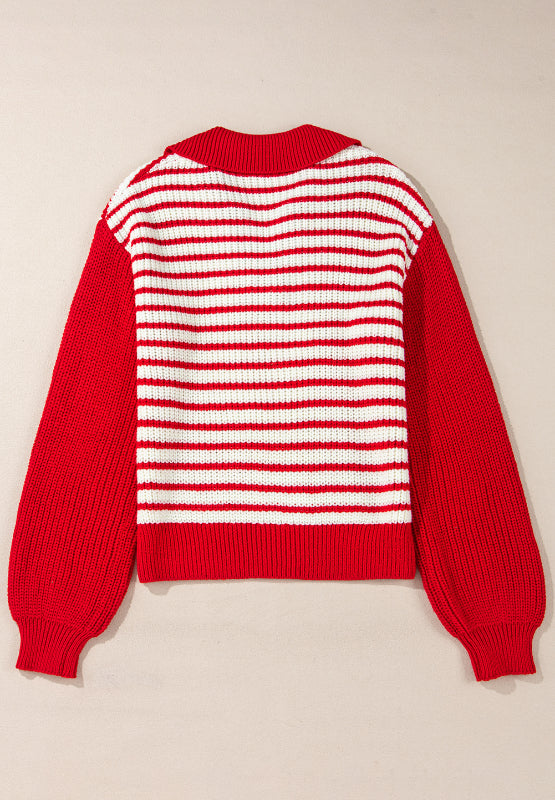 Striped Johnny Collar Long Sleeve Sweater-TOPS / DRESSES-[Adult]-[Female]-2022 Online Blue Zone Planet