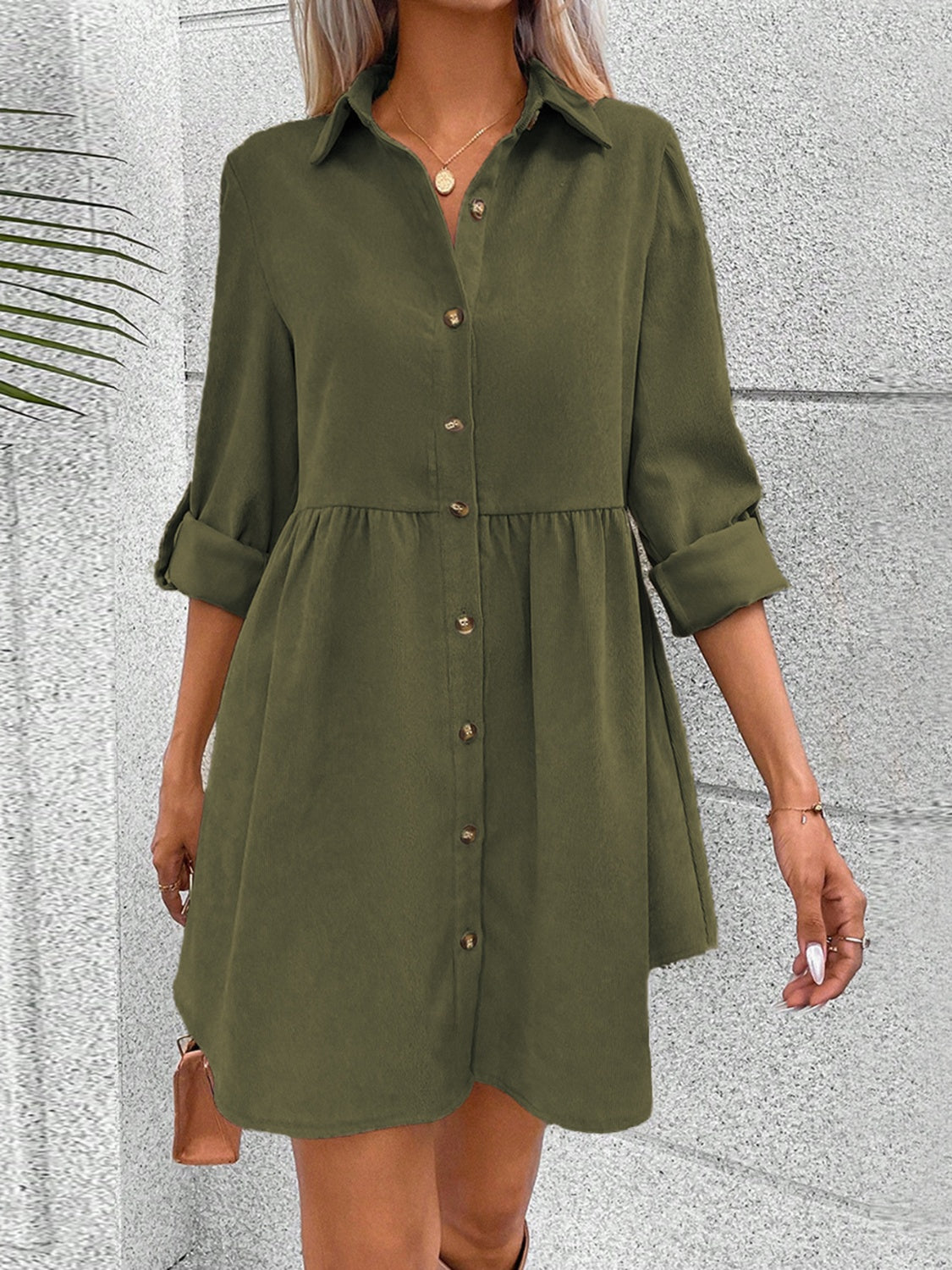 Button Up Collared Neck Long Sleeve Dress-TOPS / DRESSES-[Adult]-[Female]-Army Green-S-2022 Online Blue Zone Planet