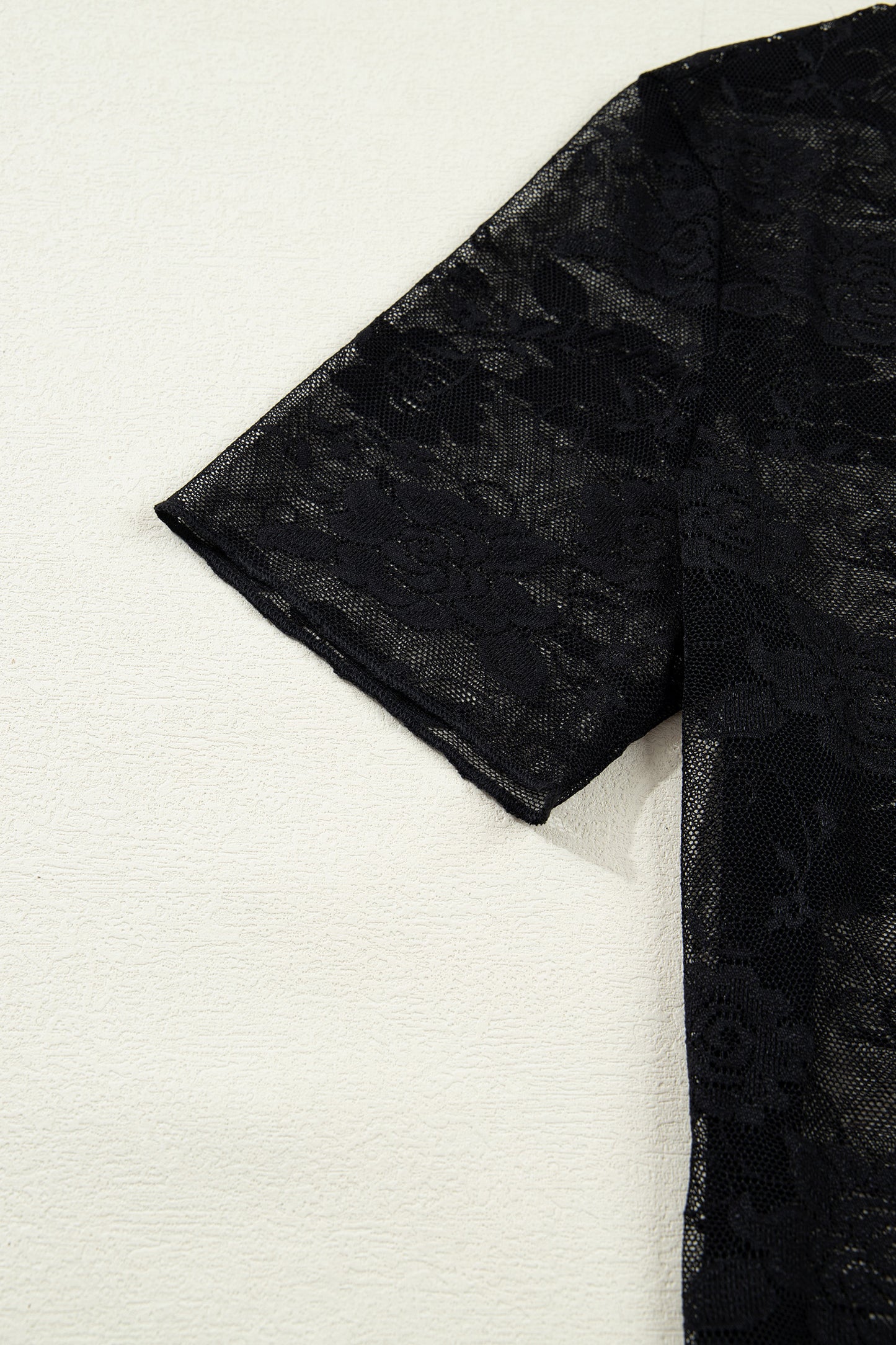 Black Floral Lace Mesh Short Sleeve Sheer Top-Tops/Tops & Tees-[Adult]-[Female]-2022 Online Blue Zone Planet