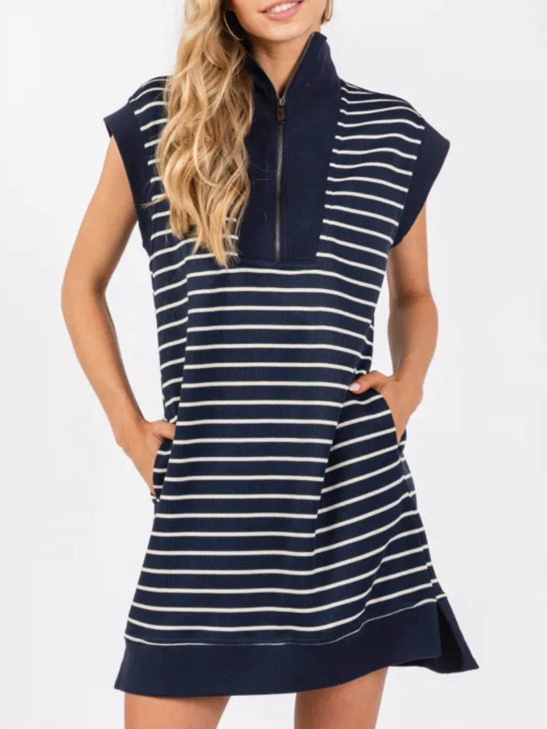 Blue Zone Planet | Full Size Pocketed Striped Quarter Zip Cap Sleeve Dress-TOPS / DRESSES-[Adult]-[Female]-2022 Online Blue Zone Planet