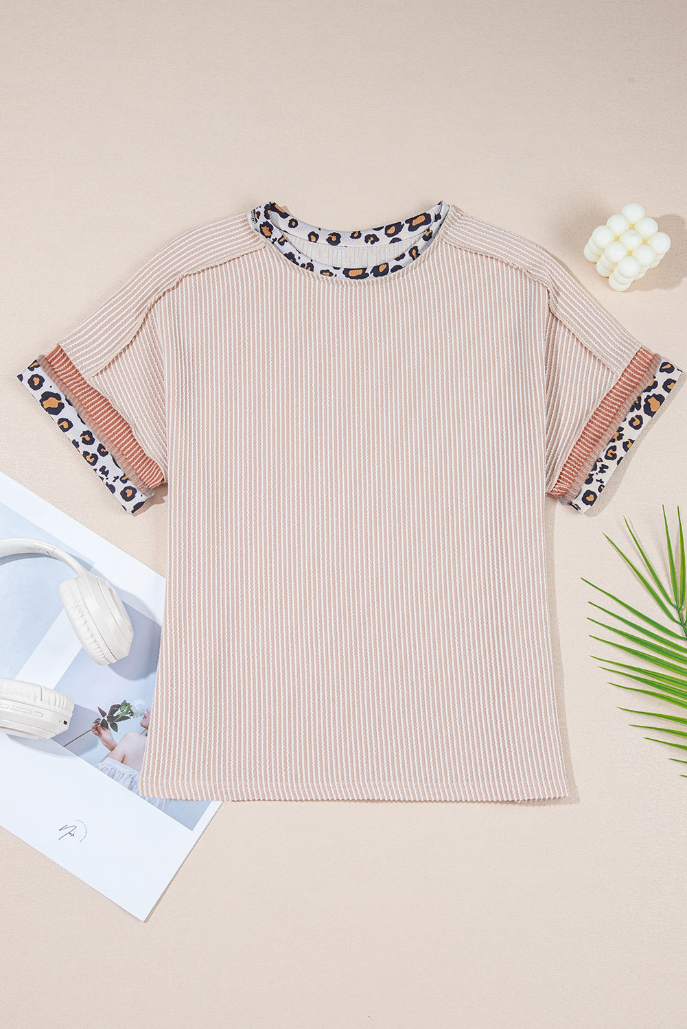 Jet Stream Leopard Patchwork Corded Knit Crew Neck T Shirt-Tops/Tops & Tees-[Adult]-[Female]-2022 Online Blue Zone Planet