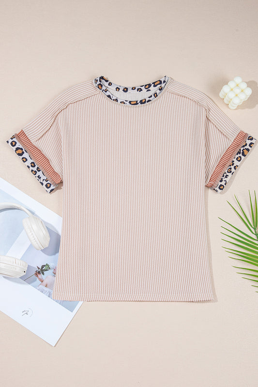 Jet Stream Leopard Patchwork Corded Knit Crew Neck T Shirt-Tops/Tops & Tees-[Adult]-[Female]-2022 Online Blue Zone Planet