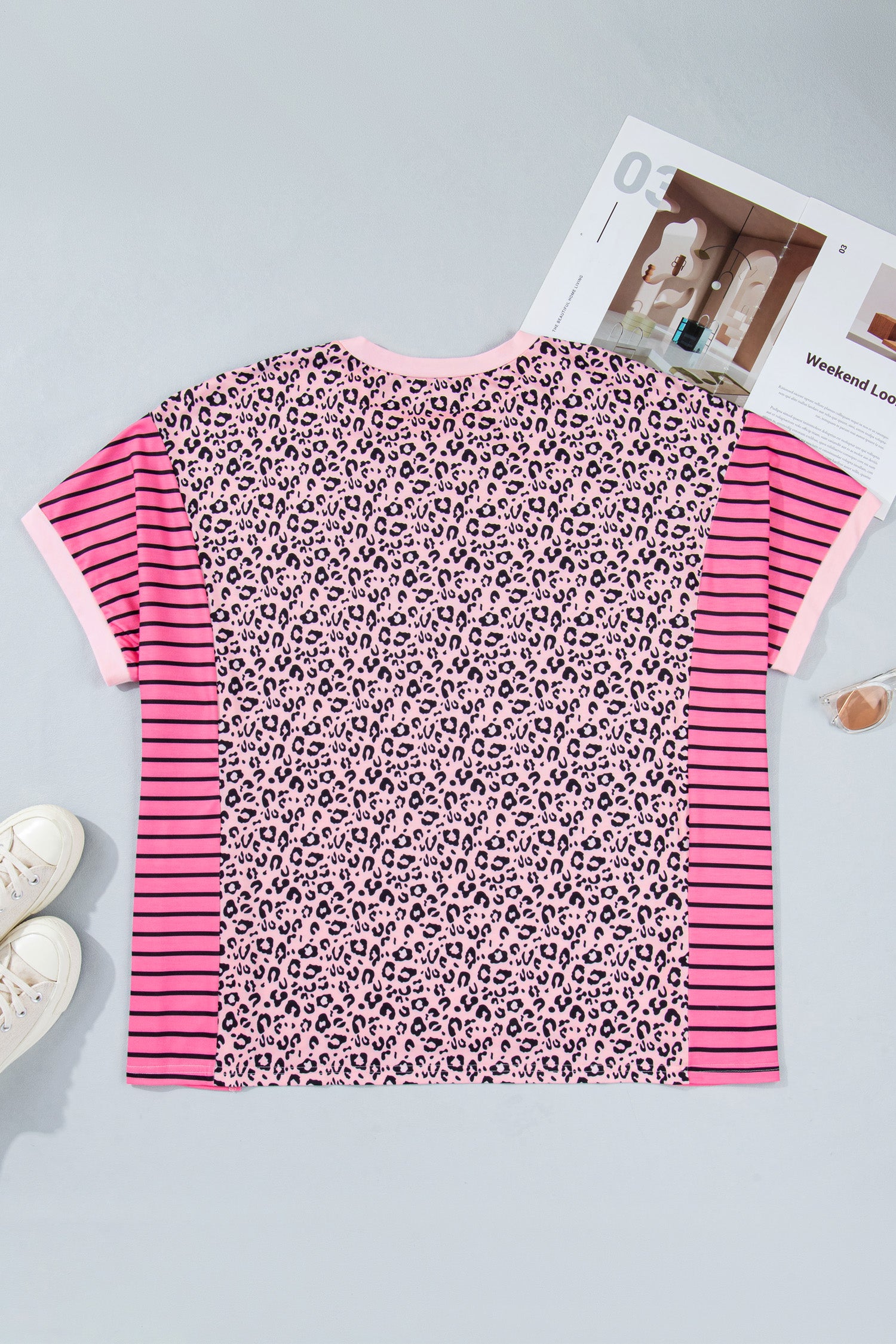 Pink Leopard Striped Contrast Patchwork Plus Size Tee-Plus Size/Plus Size Tops/Plus Size Tops & Tees-[Adult]-[Female]-2022 Online Blue Zone Planet