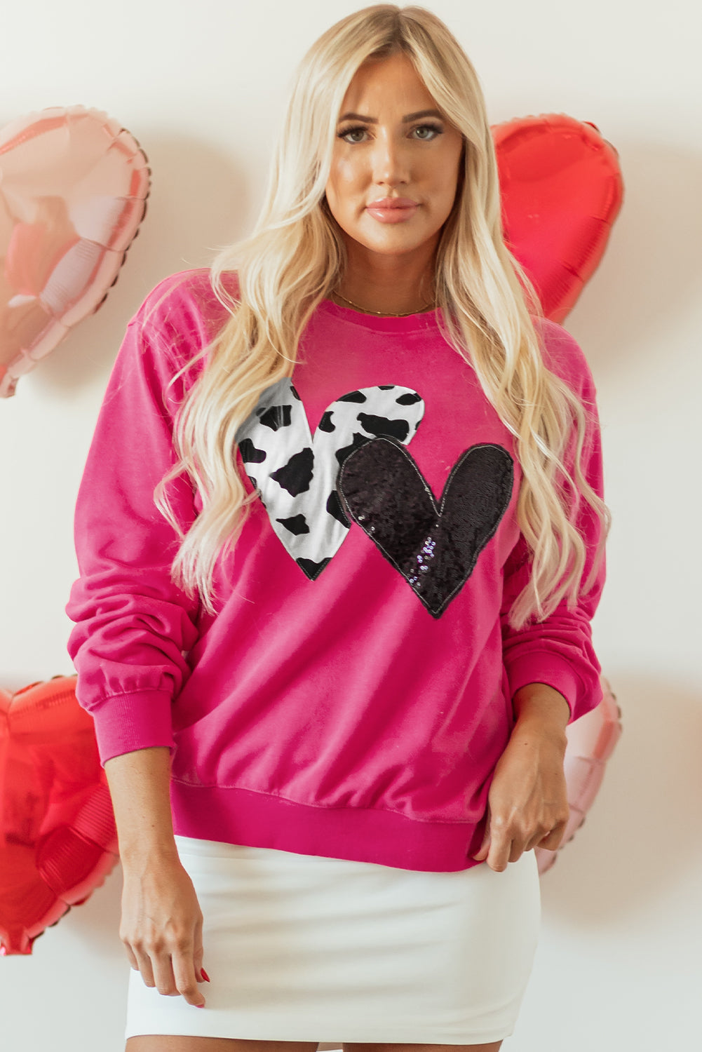 Strawberry Pink Cow & Sequin Double Heart Patch Graphic Sweatshirt-Tops/Sweatshirts & Hoodies-[Adult]-[Female]-2022 Online Blue Zone Planet