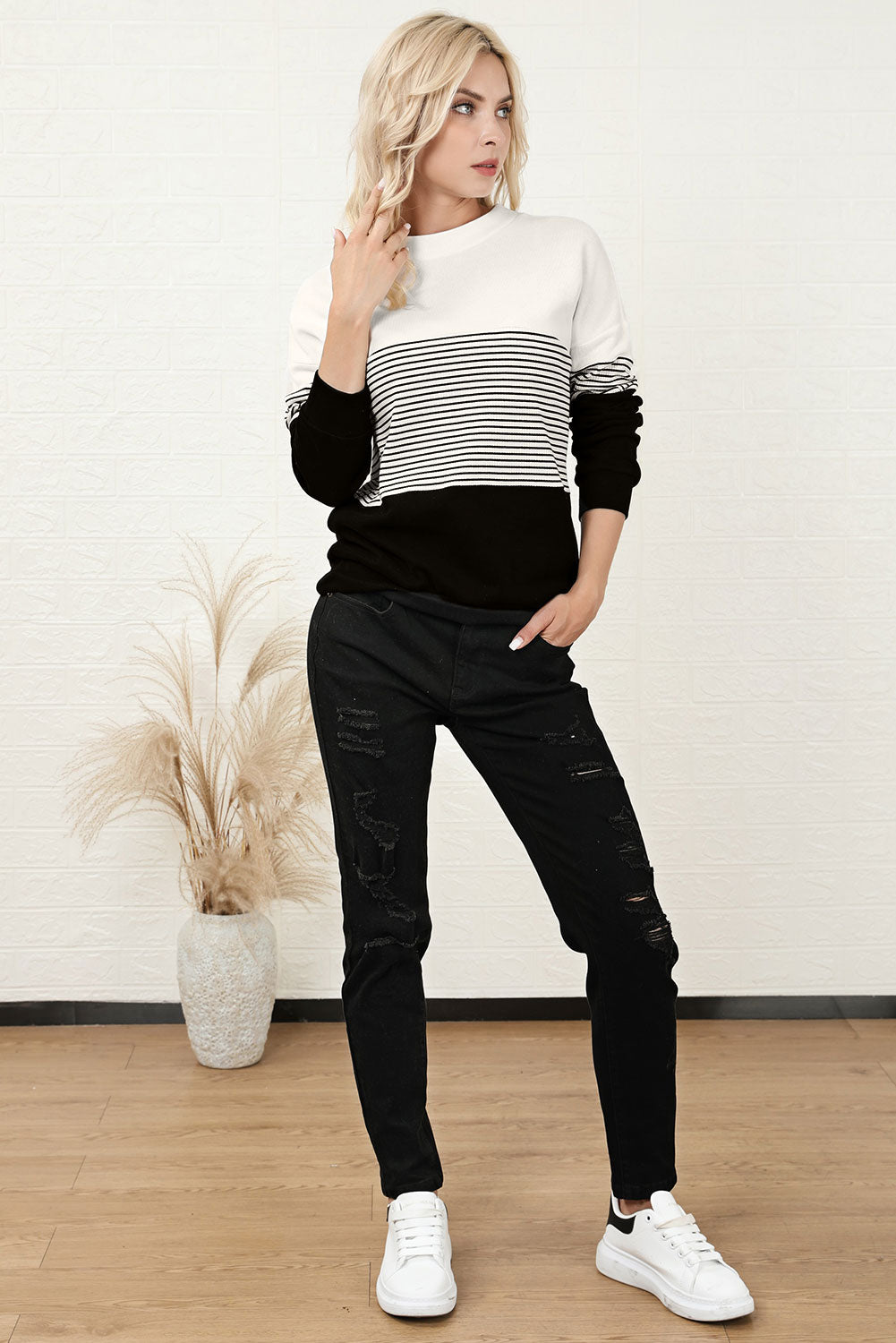 Striped Color Block Long Sleeve Knit Top-TOPS / DRESSES-[Adult]-[Female]-2022 Online Blue Zone Planet