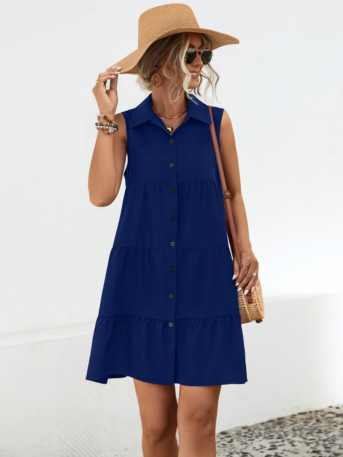 Button Up Sleeveless Mini Dress BLUE ZONE PLANET