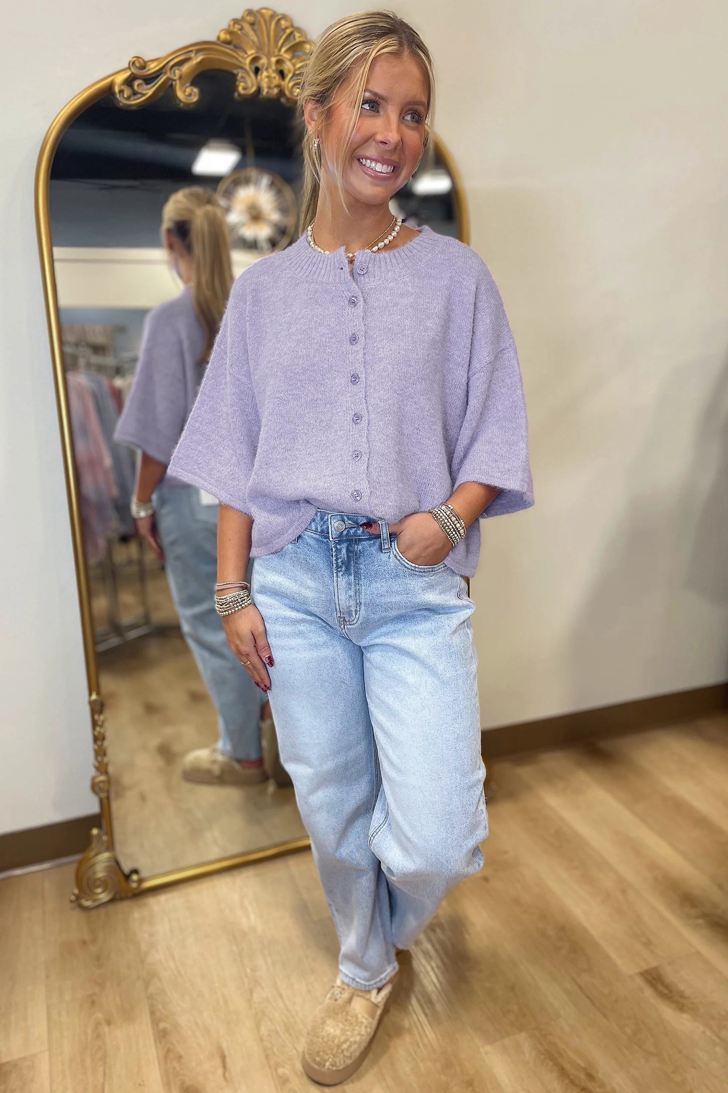 Lavendula 3/4 Sleeve Boxy Knit Button Down Sweater Cardigan-TOPS / DRESSES-[Adult]-[Female]-2022 Online Blue Zone Planet