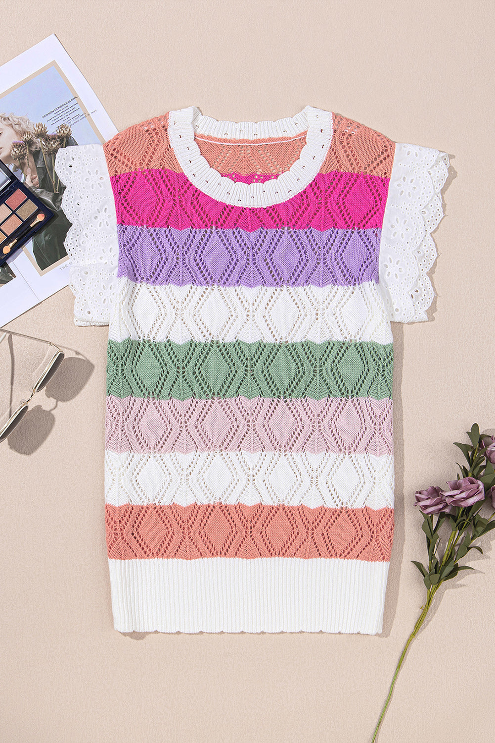 Rose Stripe Colorblock Hollowed Knit Scallop Edge Sweater Vest-Sweaters & Cardigans/Sweater Vests-[Adult]-[Female]-2022 Online Blue Zone Planet