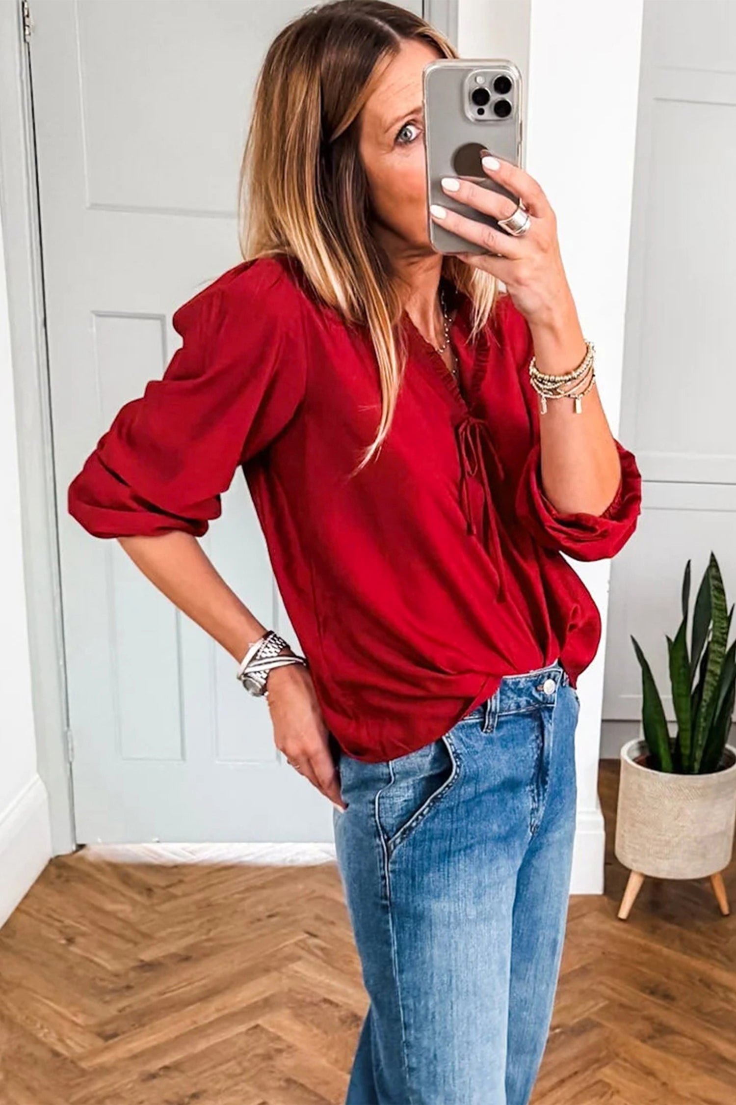 Fiery Red Solid Color Frilled V Neck Bow Detail 3/4 Sleeve Blouse-Tops/Blouses & Shirts-[Adult]-[Female]-2022 Online Blue Zone Planet
