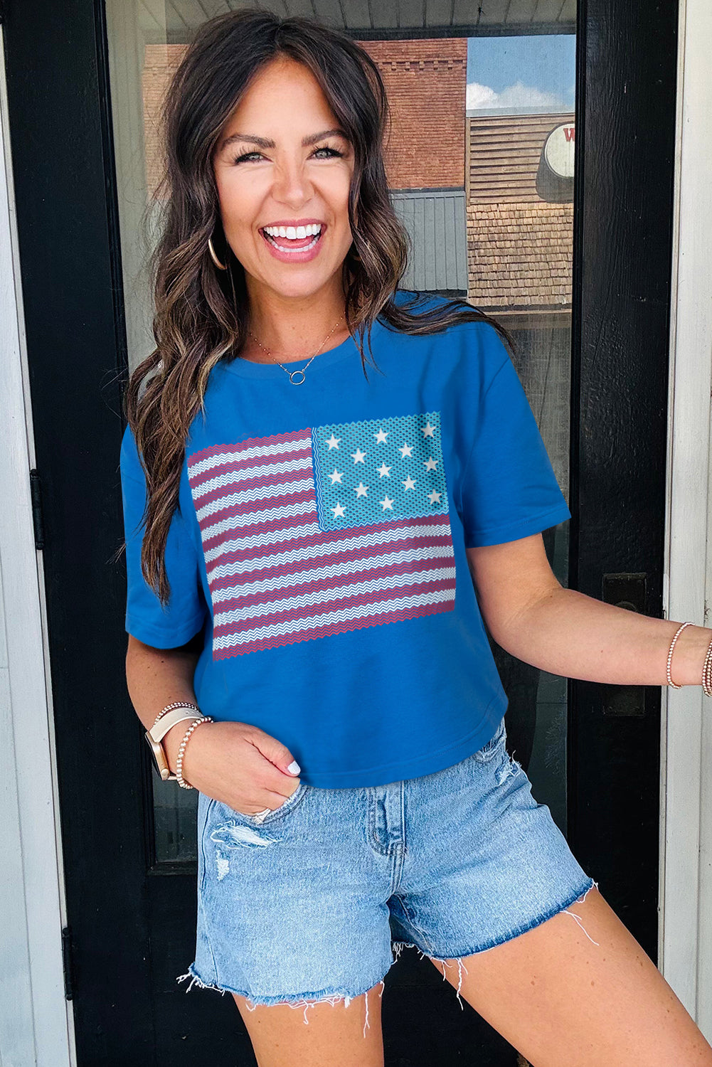 Real Teal American Flag Pattern Crewneck Tee-Graphic/Graphic Tees-[Adult]-[Female]-2022 Online Blue Zone Planet