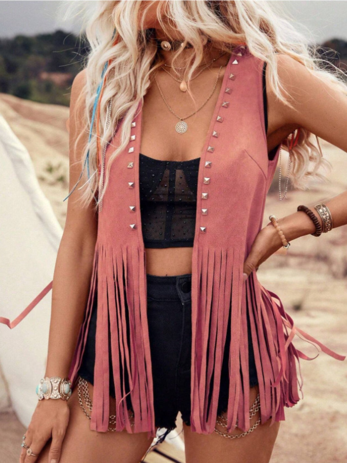 Fringe Studded Open Front Vest Coat-TOPS / DRESSES-[Adult]-[Female]-Dusty Pink-S-2022 Online Blue Zone Planet