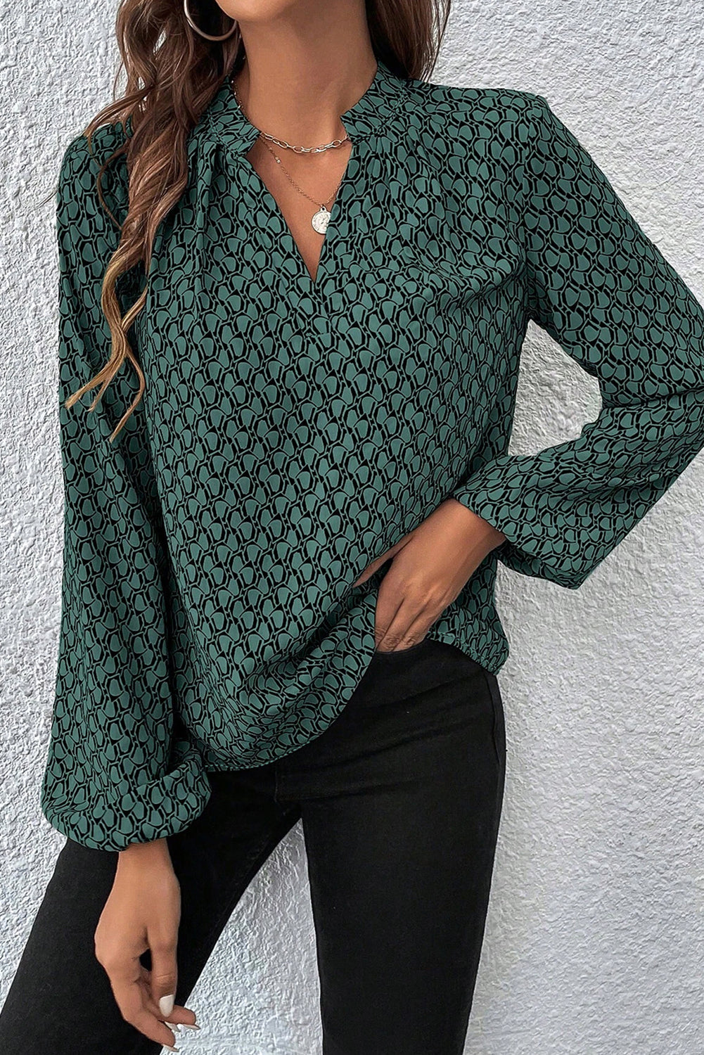 Green Geometric Print Notched Neck Puff Sleeve Blouse-Tops/Blouses & Shirts-[Adult]-[Female]-2022 Online Blue Zone Planet