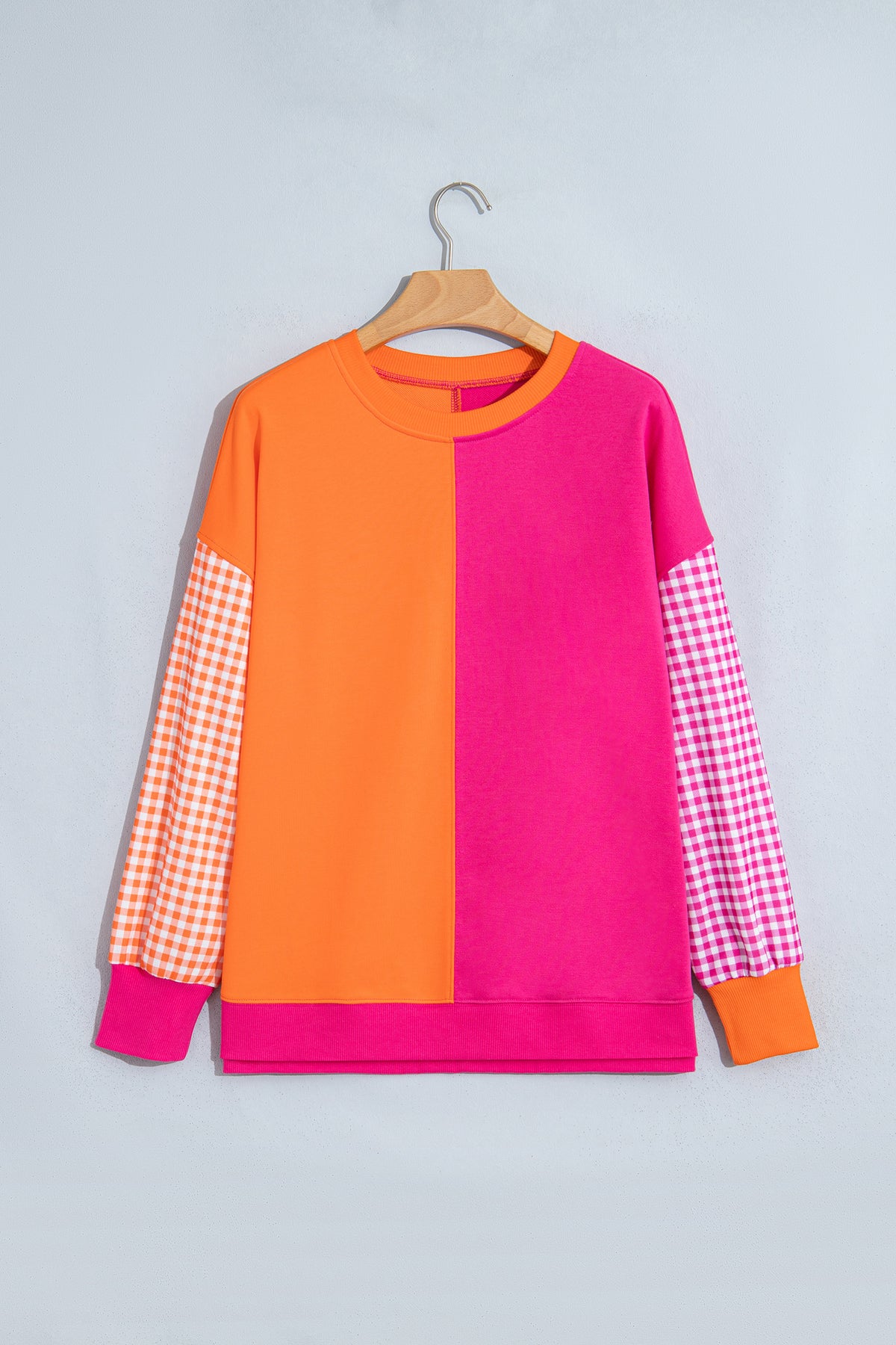 Rose Red Colorblock Gingham Sleeve Crewneck Sweatshirt-Tops/Sweatshirts & Hoodies-[Adult]-[Female]-2022 Online Blue Zone Planet