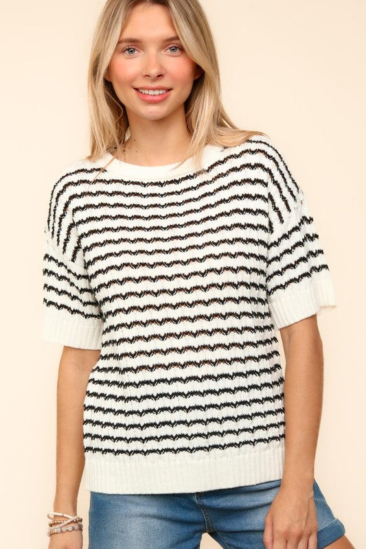 Haptics Openwork Striped Round Neck Half Sleeve Knit Top-TOPS / DRESSES-[Adult]-[Female]-2022 Online Blue Zone Planet