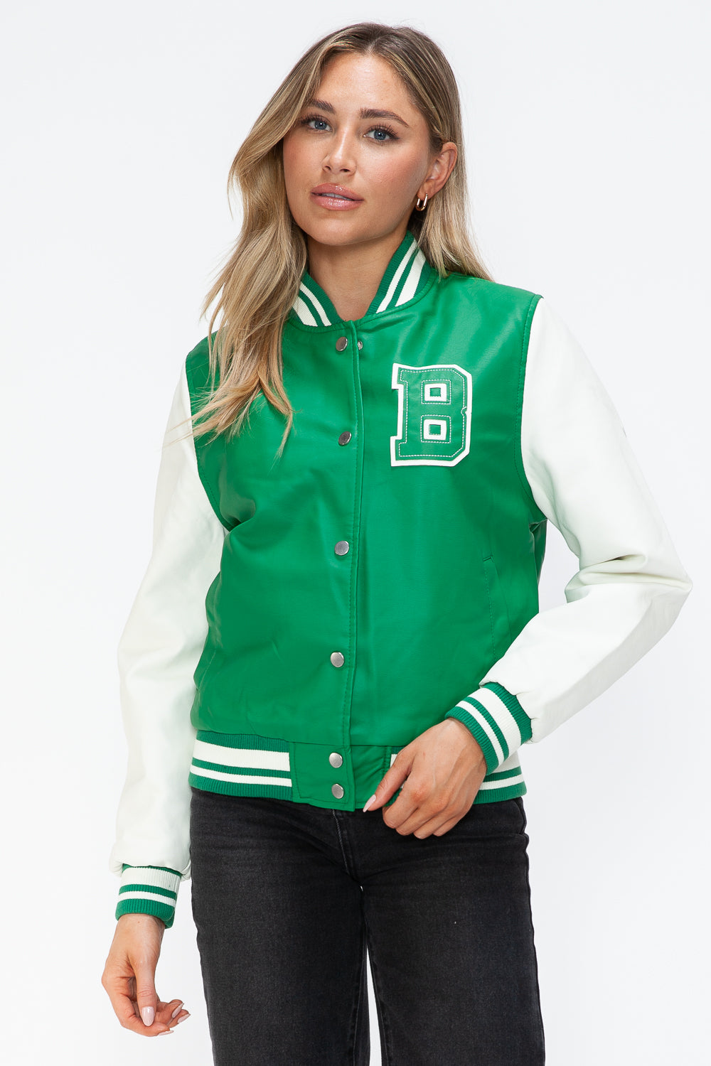 Blue Zone Planet | Love Me Now PU Leather Contrast Snap Down Bomber Jacket-TOPS / DRESSES-[Adult]-[Female]-Green/Milk-S-2022 Online Blue Zone Planet