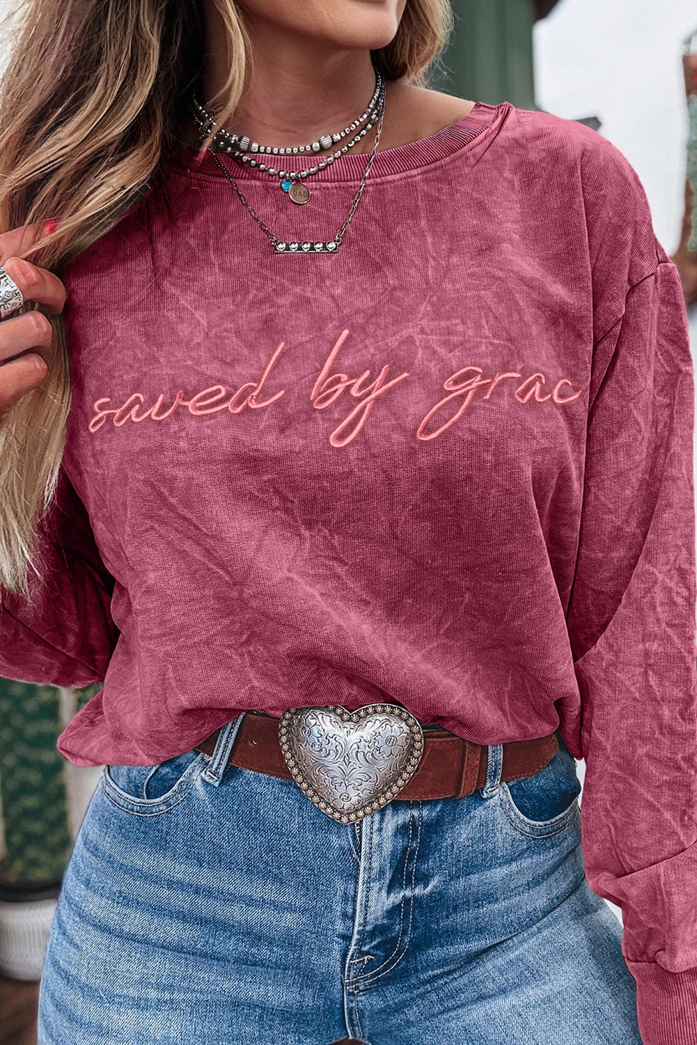 Mineral Red Saved By Grace Letter Embroidery Mineral Wash Loose Sweatshirt-Tops/Sweatshirts & Hoodies-[Adult]-[Female]-2022 Online Blue Zone Planet