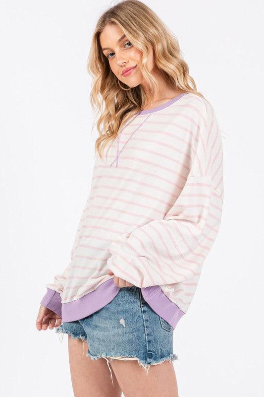 Ces Femme Striped Round Neck Drop Shoulder Sweatshirt-TOPS / DRESSES-[Adult]-[Female]-2022 Online Blue Zone Planet