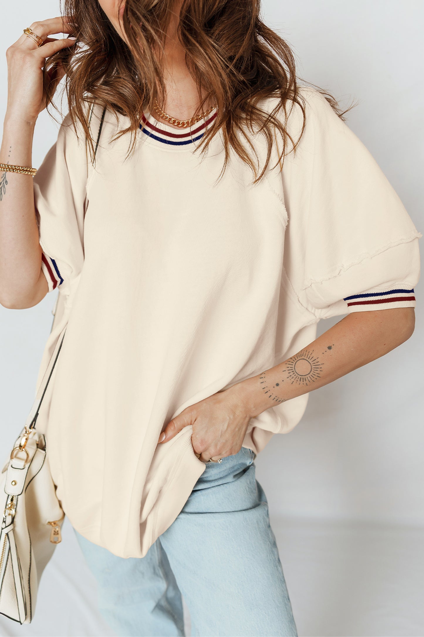 Beige Contrast Varsity Striped Neckline Cuffed Short Sleeve Loose Tunic Top-Tops/Tops & Tees-[Adult]-[Female]-2022 Online Blue Zone Planet
