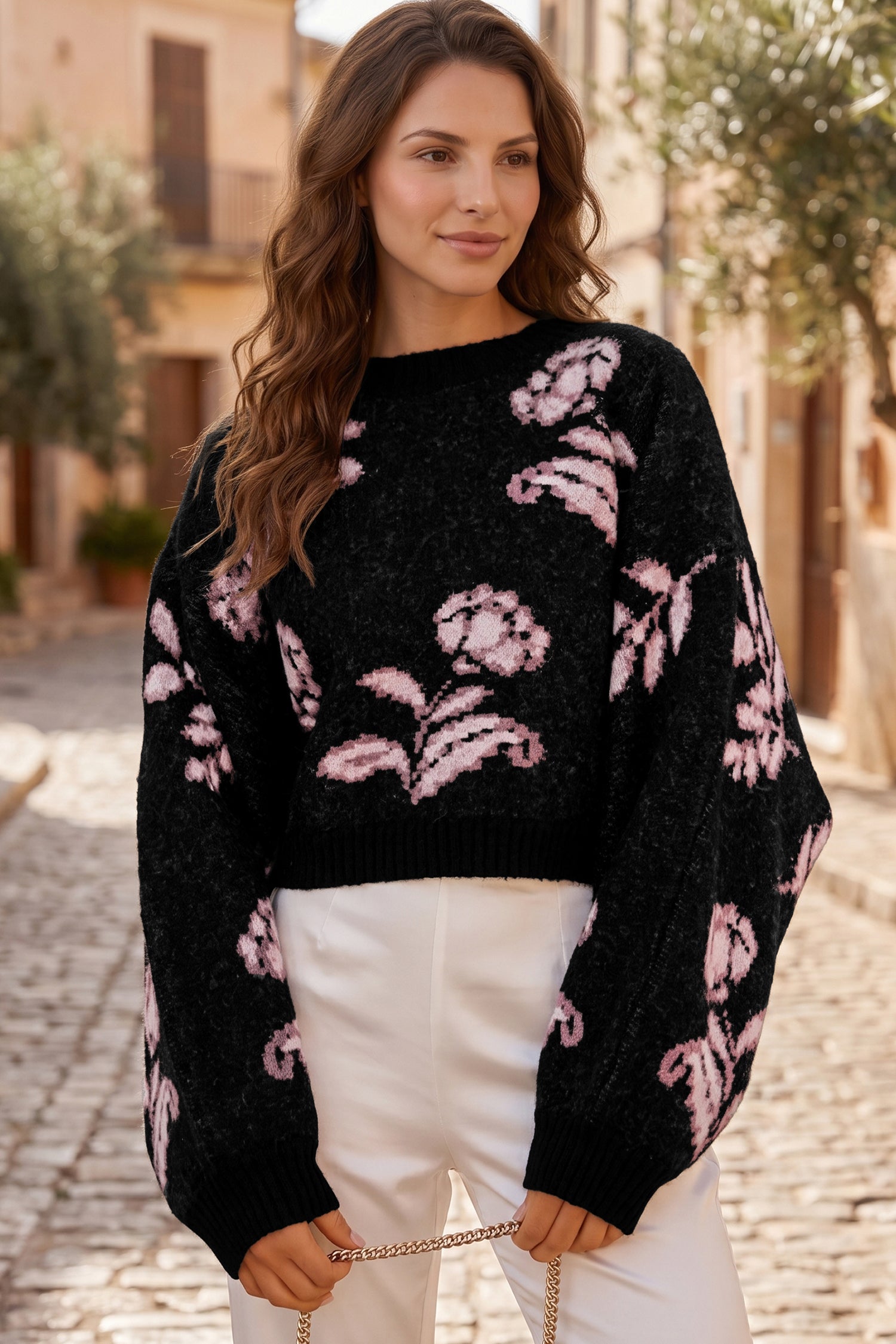 Black Floral Pattern Puff Sleeve Dropped Shoulder Pullover Sweater-Sweaters & Cardigans/Sweaters-[Adult]-[Female]-2022 Online Blue Zone Planet