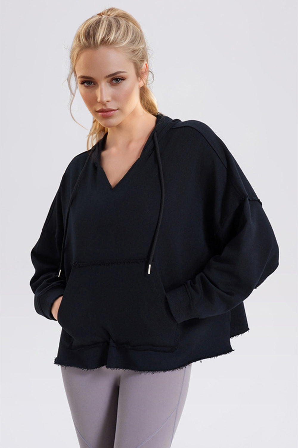 Blue Zone Planet | Basic Bae Drawstring Frayed Hem Long Sleeve Hoodie-TOPS / DRESSES-[Adult]-[Female]-Black-S-2022 Online Blue Zone Planet