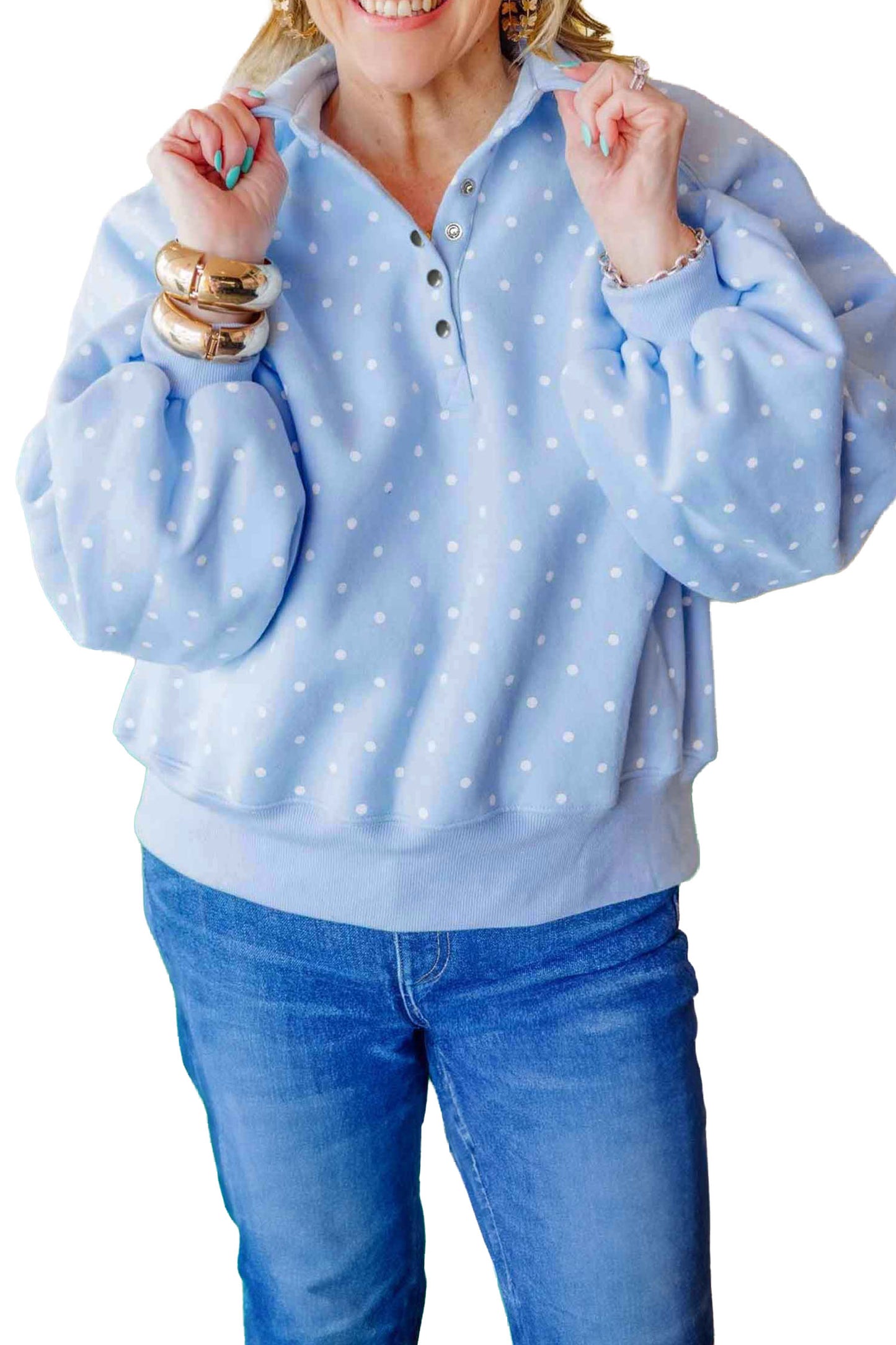 Sky Blue Polka Dot V Neck Metal Button Long Sleeve Shift Plus Size Sweatshirt-Plus Size/Plus Size Sweatshirts & Hoodies-[Adult]-[Female]-2022 Online Blue Zone Planet