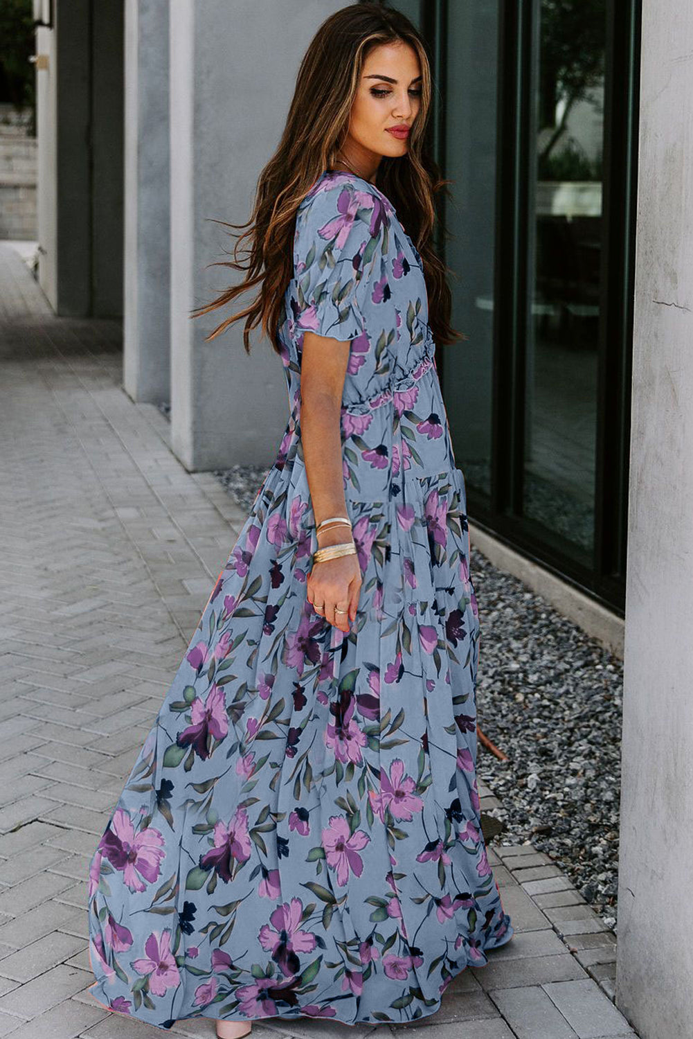 Sky Blue Fiery Floral Print Frilled V Neck Short Sleeve Maxi Dress-Dresses/Maxi Dresses-[Adult]-[Female]-2022 Online Blue Zone Planet