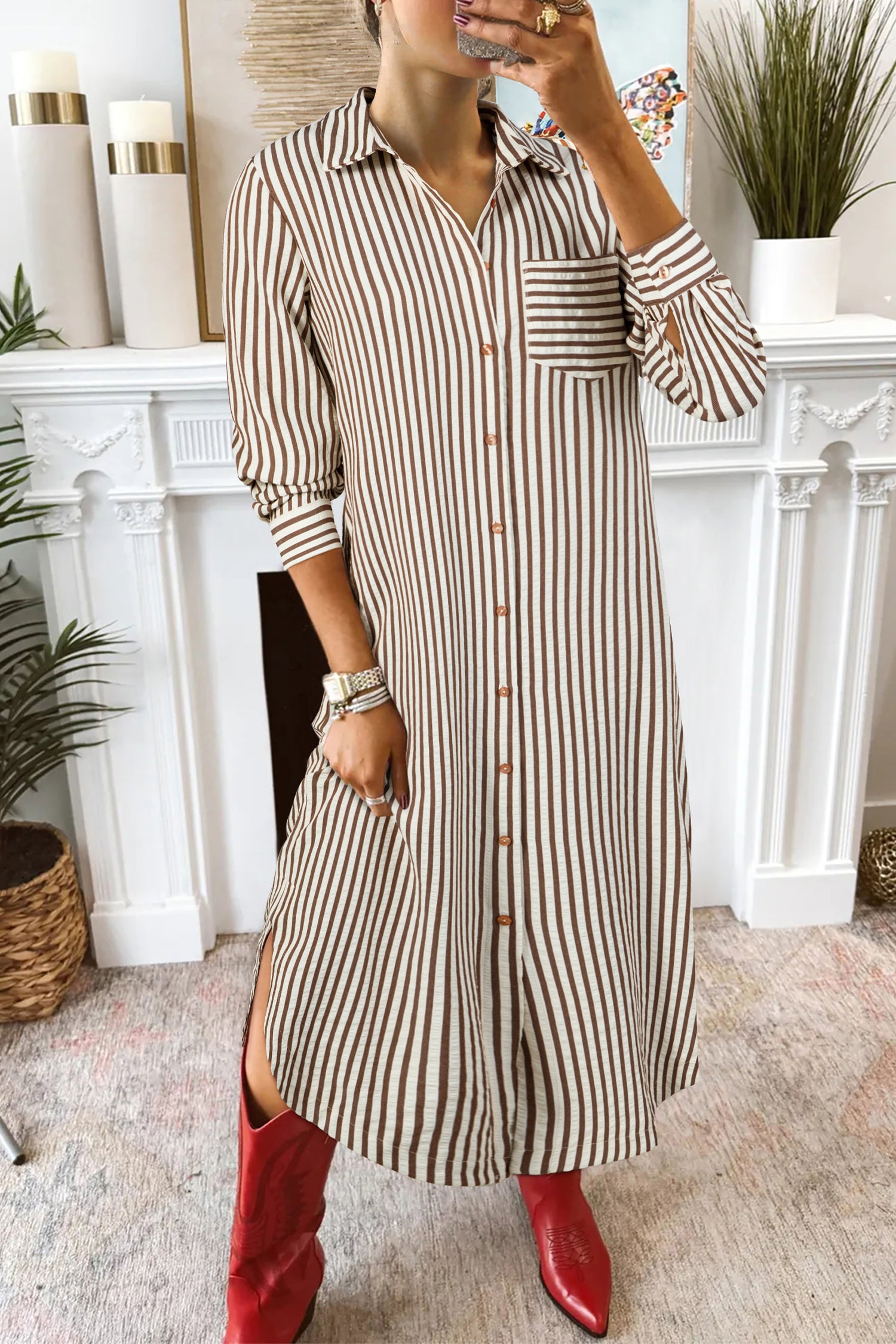 Brown Stripe Textured 3/4 Sleeve Round Hem Split Midi Shirt Dress-TOPS / DRESSES-[Adult]-[Female]-Brown Stripe-S-2022 Online Blue Zone Planet