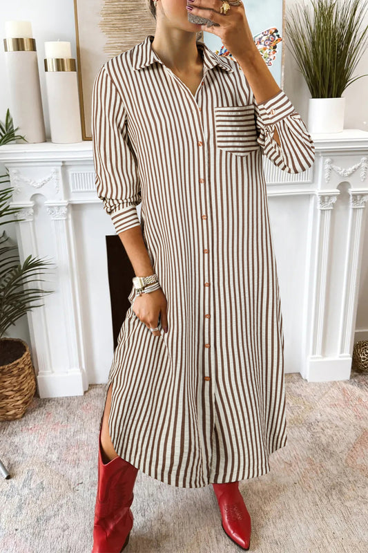 Brown Stripe Textured 3/4 Sleeve Round Hem Split Midi Shirt Dress-TOPS / DRESSES-[Adult]-[Female]-Brown Stripe-S-2022 Online Blue Zone Planet