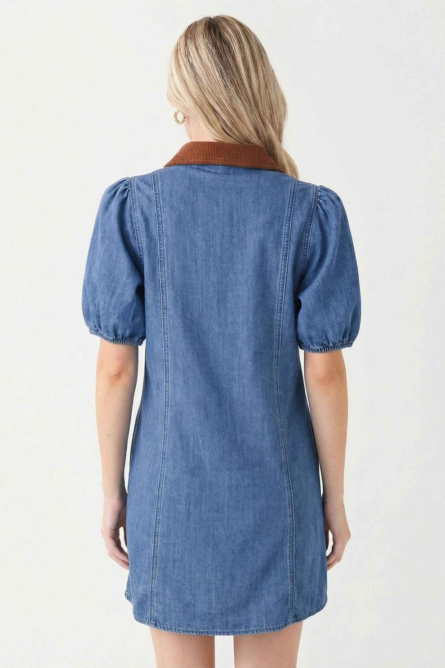 Blue Denim Short Puff Sleeve Color Block Shirt Collar Patchwork Mini Dress-Dresses/Mini Dresses-[Adult]-[Female]-2022 Online Blue Zone Planet