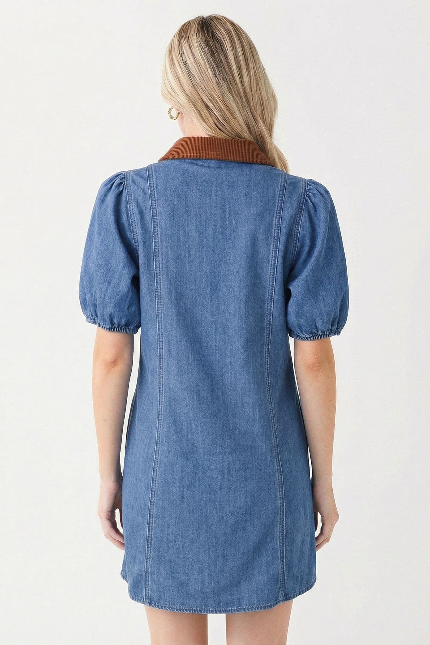 Blue Denim Short Puff Sleeve Color Block Shirt Collar Patchwork Mini Dress-Dresses/Mini Dresses-[Adult]-[Female]-2022 Online Blue Zone Planet
