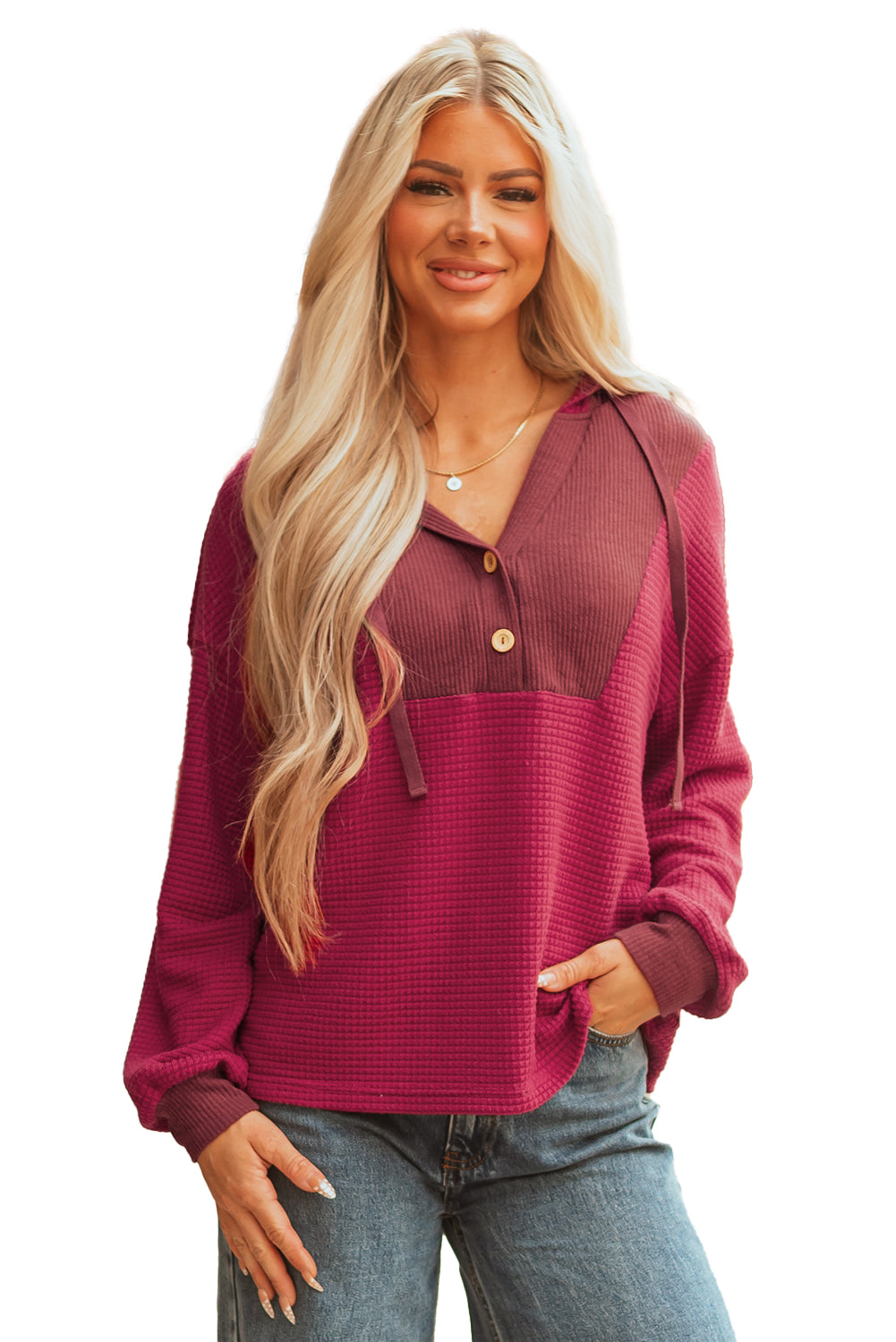 Racing Red Waffle Patchwork Drop Shoulder Hooded Long Sleeve Top-Tops / Dresses-[Adult]-[Female]-2022 Online Blue Zone Planet