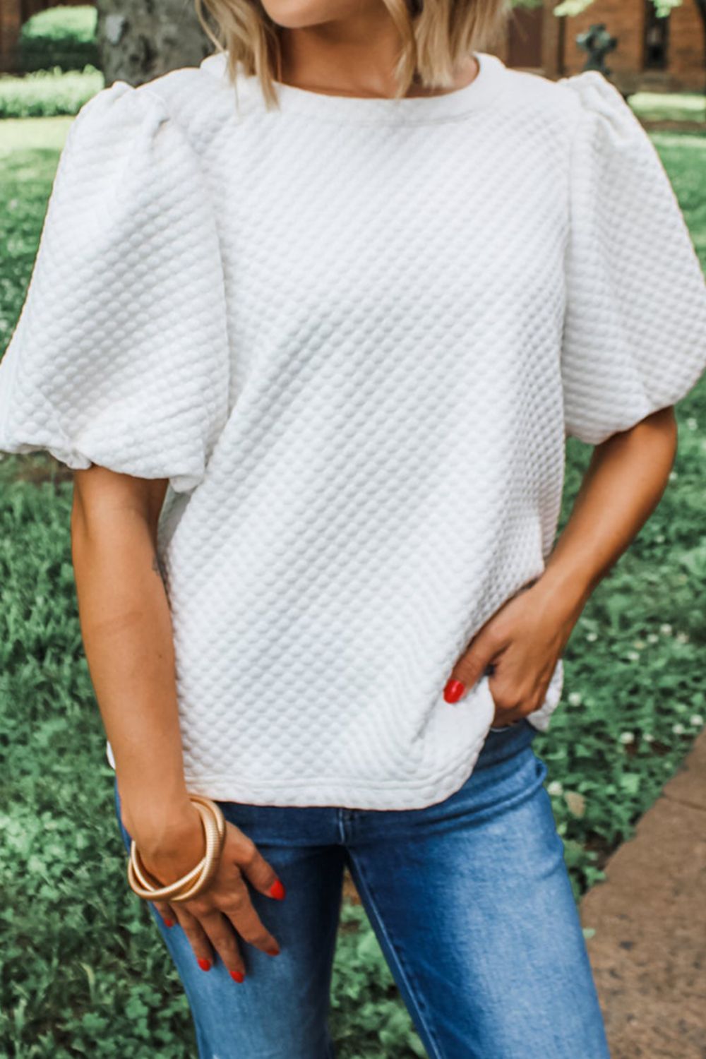 Textured Round Neck Puff Sleeve Blouse-TOPS / DRESSES-[Adult]-[Female]-White-S-2022 Online Blue Zone Planet